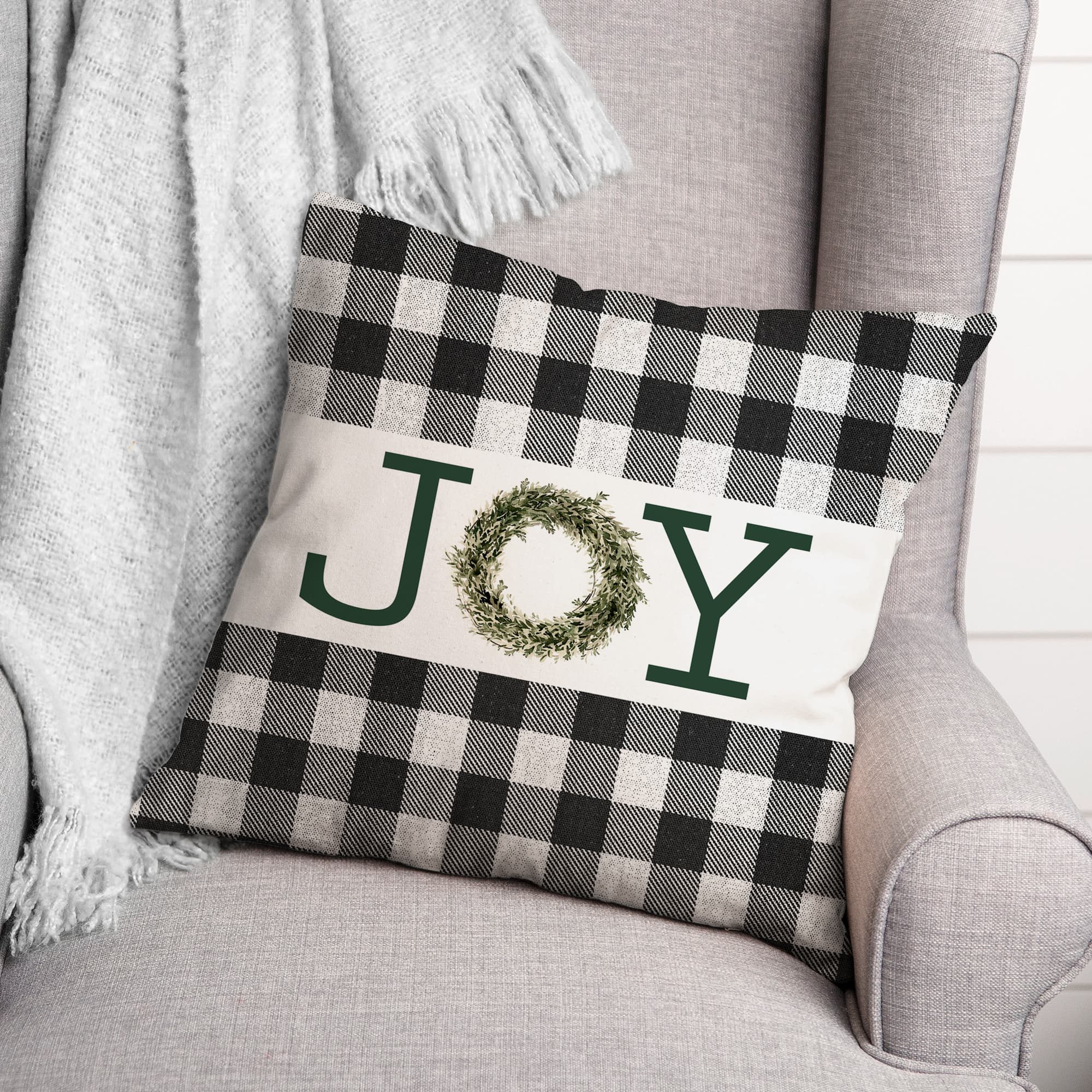 Joy Wreath Green 18x18 Throw Pillow