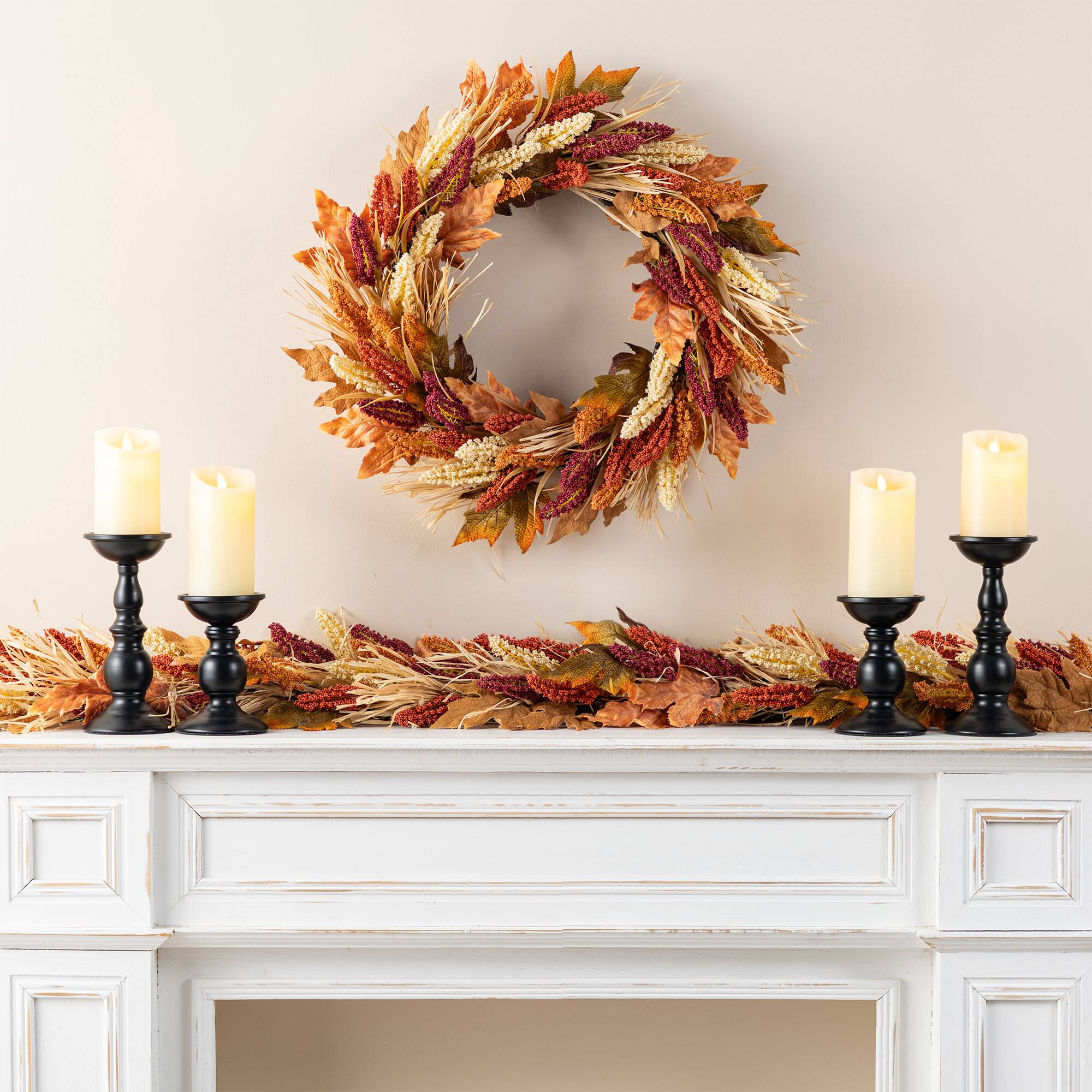 Glitzhome&#xAE; 24&#x22; Fall Sorghum Wreath Includes a Black Metal Wreath Hanger