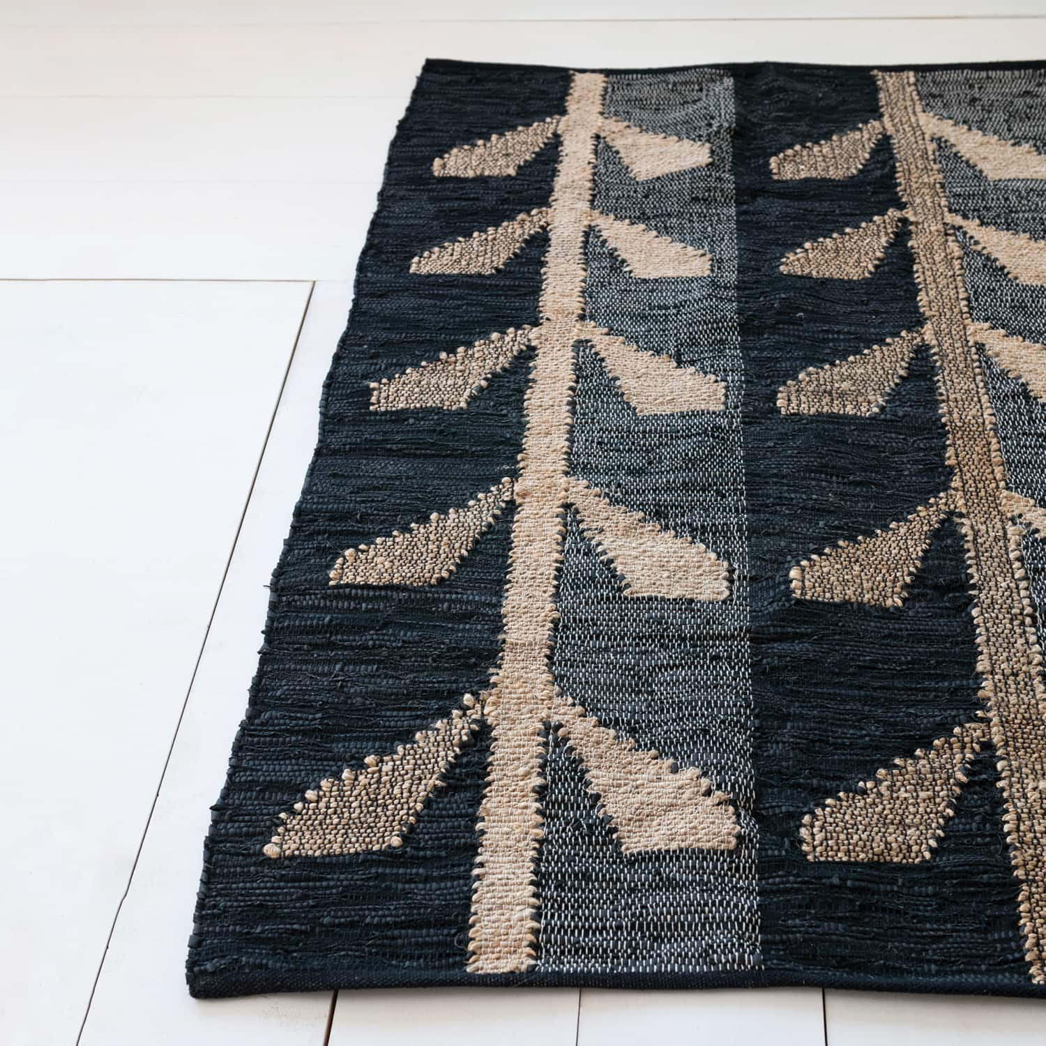 4ft. x 6ft. Black &#x26; Natural Woven Jute, Leather &#x26; Cotton Chindi Rug