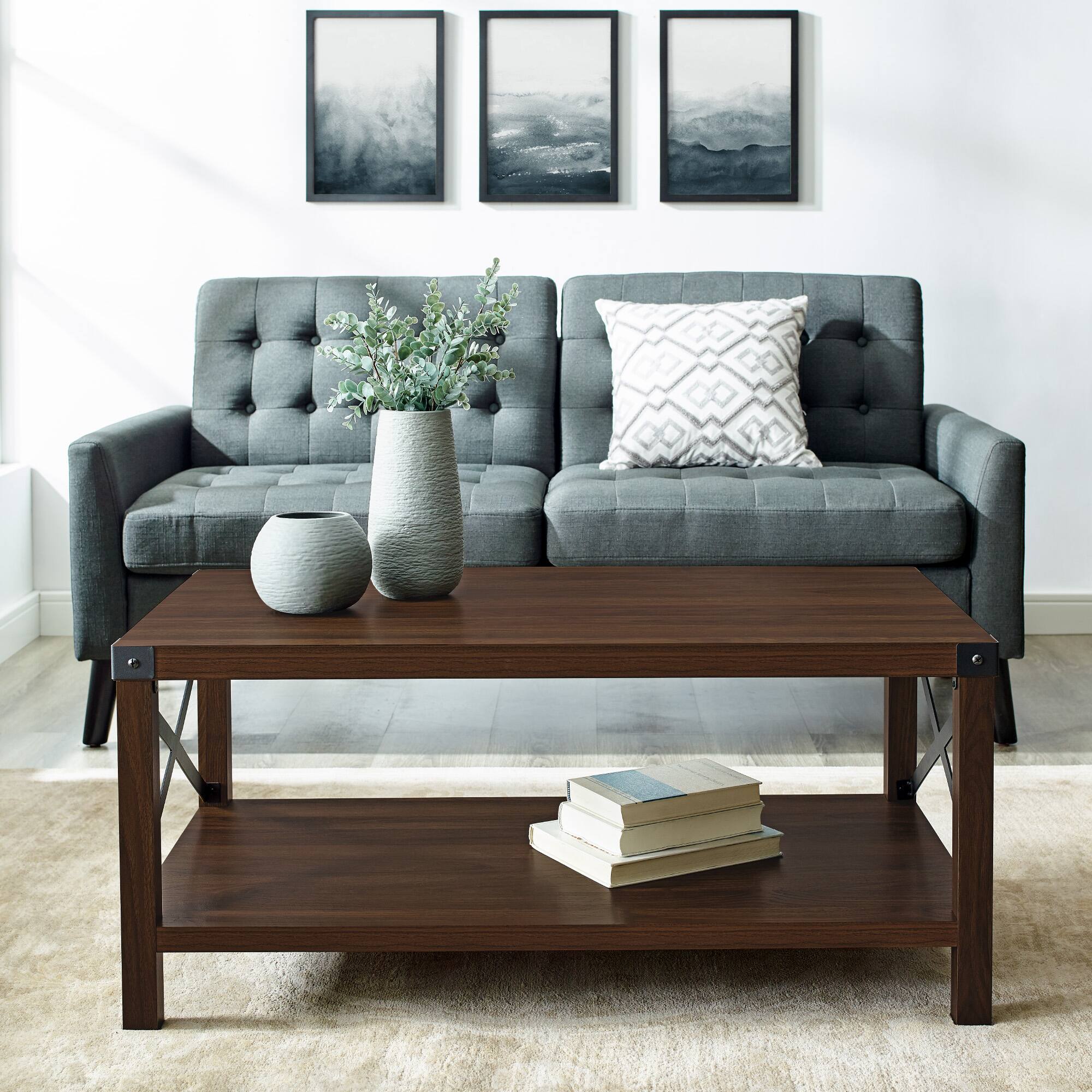 Dark Walnut Metal X Rustic Wood Coffee Table