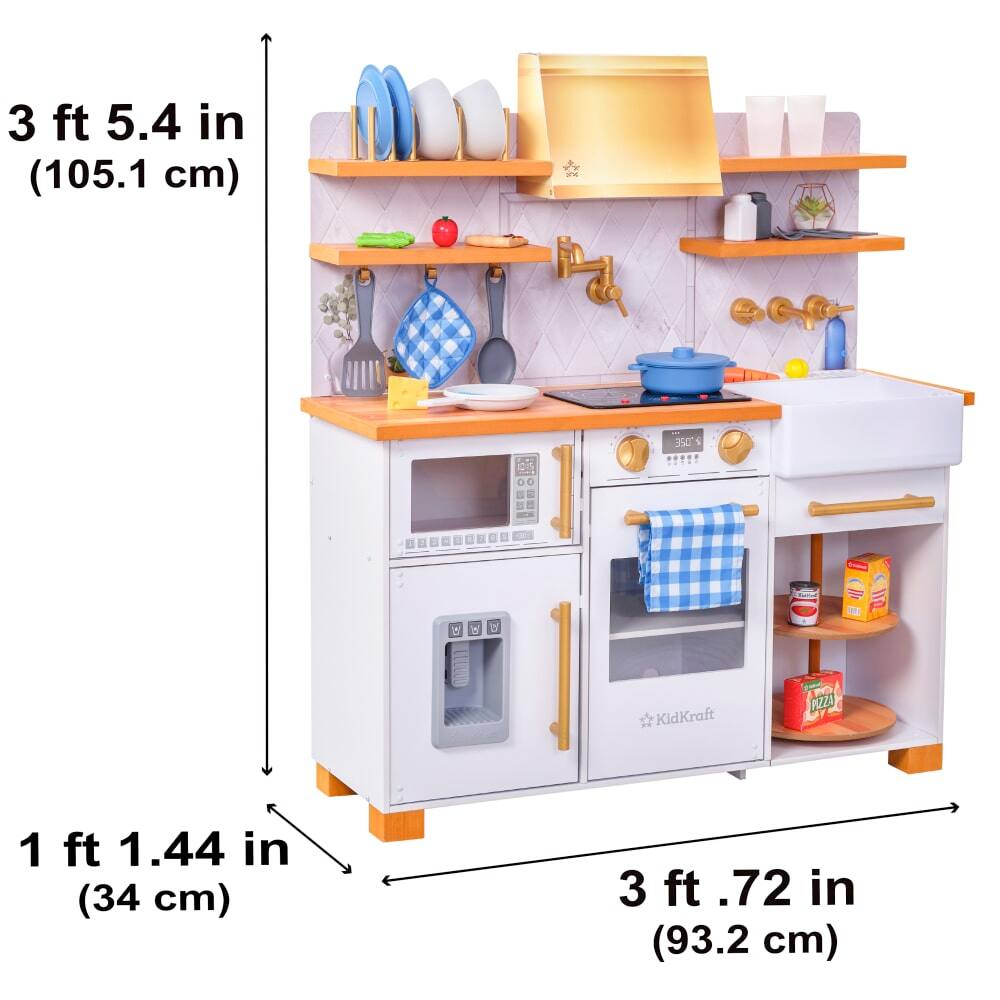 KidKraft Simply Stylish Wooden Play Kitchen Set with Lights, Choppable Food & Accessories
