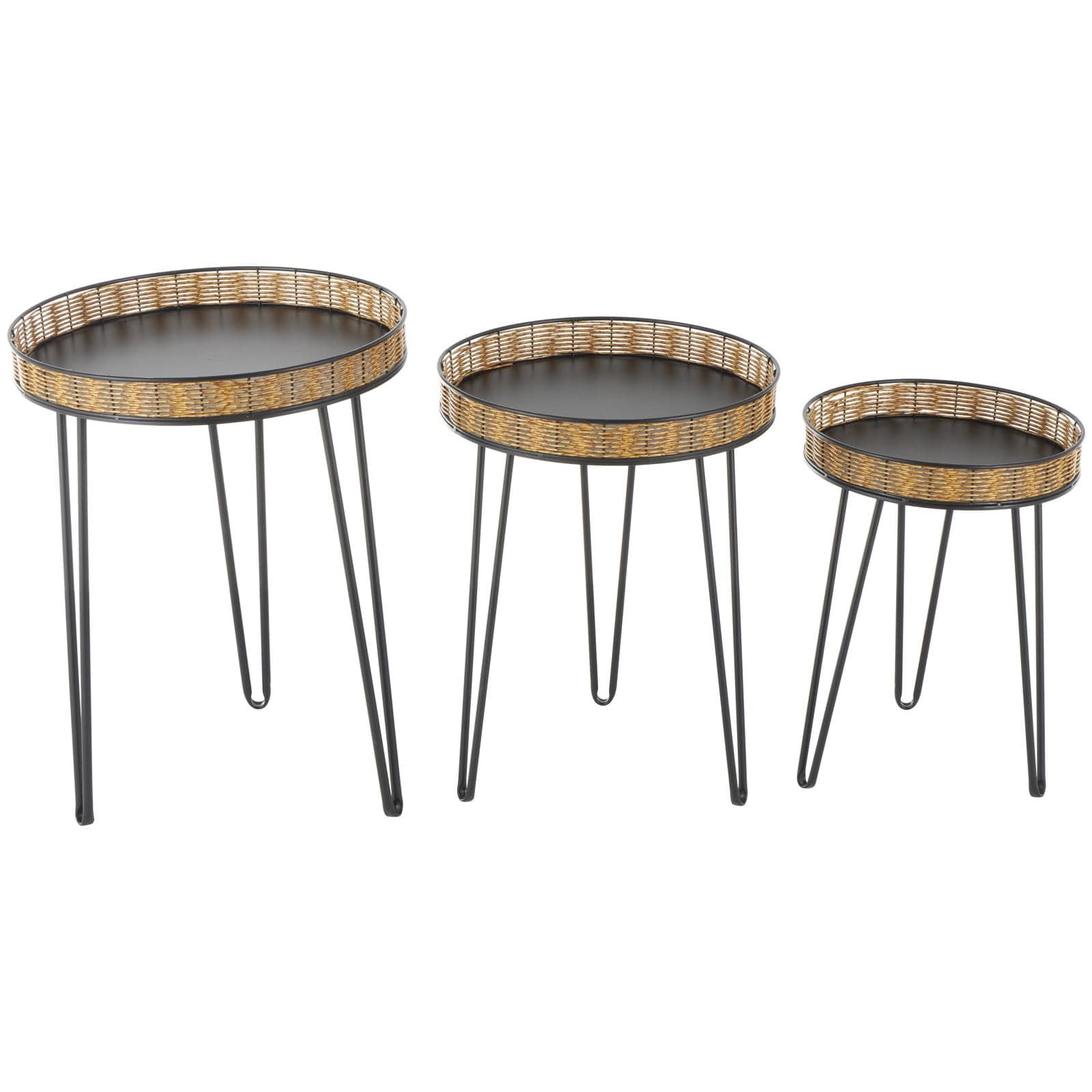 Black Metal Handmade Accent Table with Rattan Tabletop Set