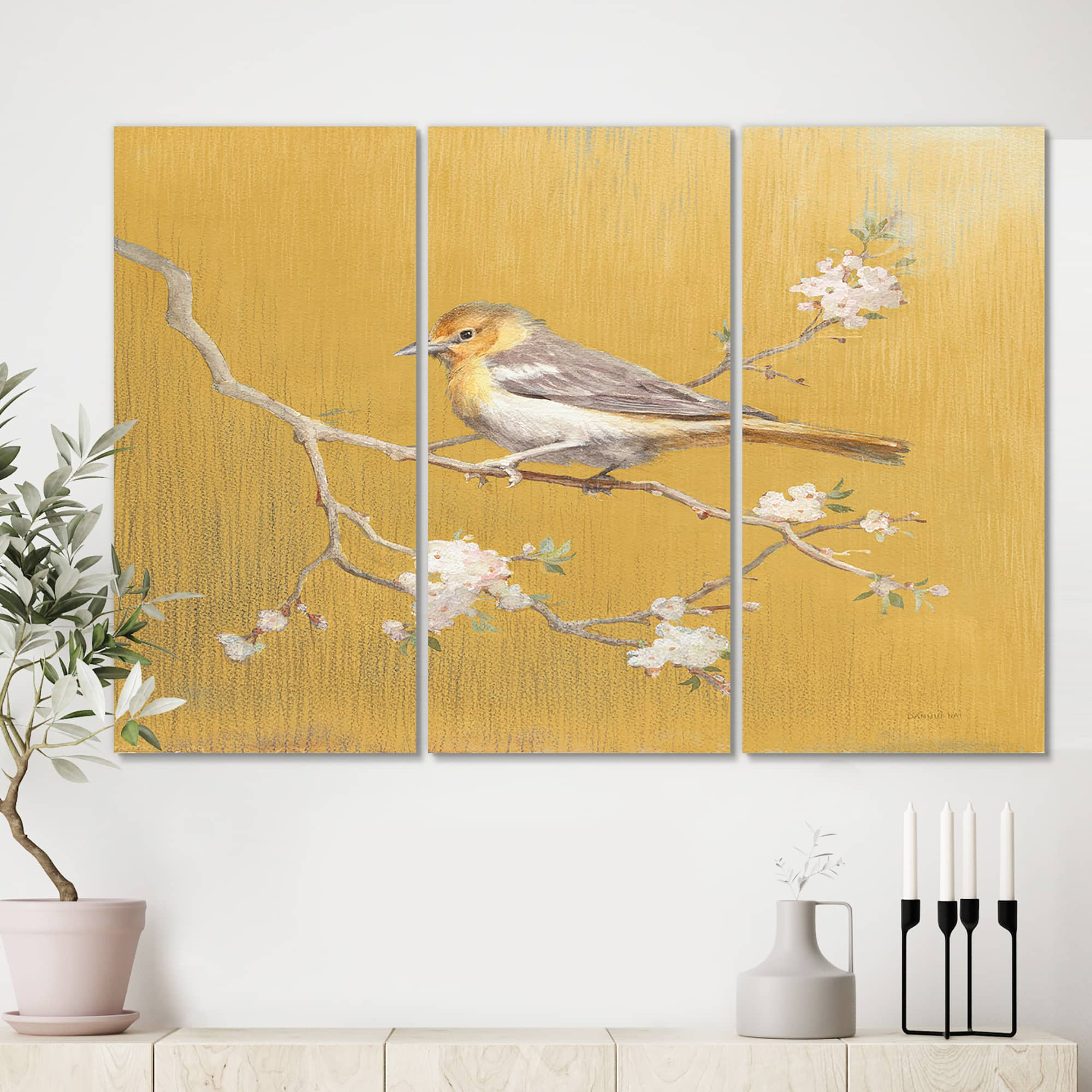 Designart - Gold Bird on Blossoms I - Farmhouse Gallery-wrapped Canvas