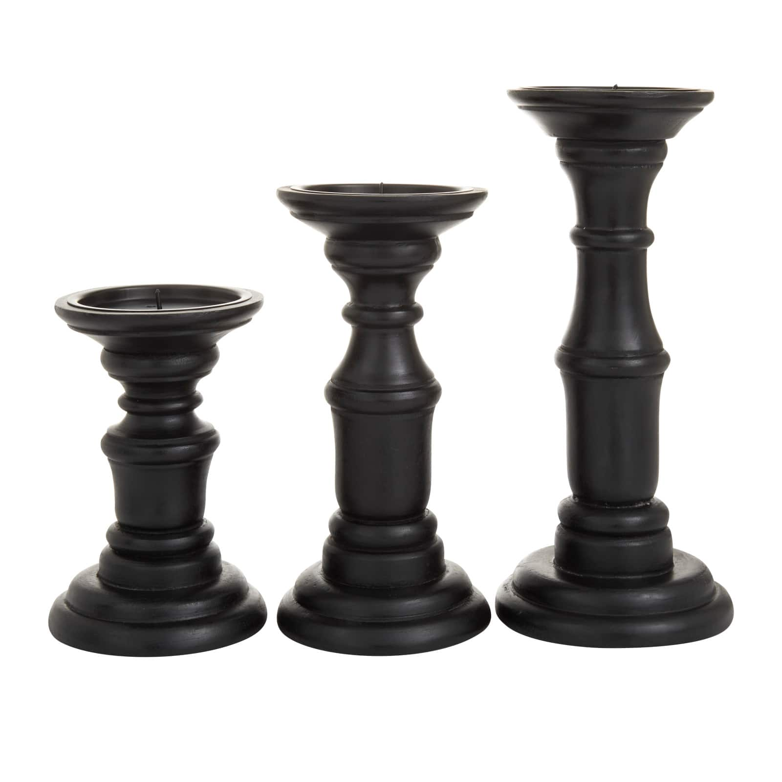 Set of 3 Black Mango Wood Traditional Candle Holders, 10&#x22; x 4&#x22; x 4&#x22;