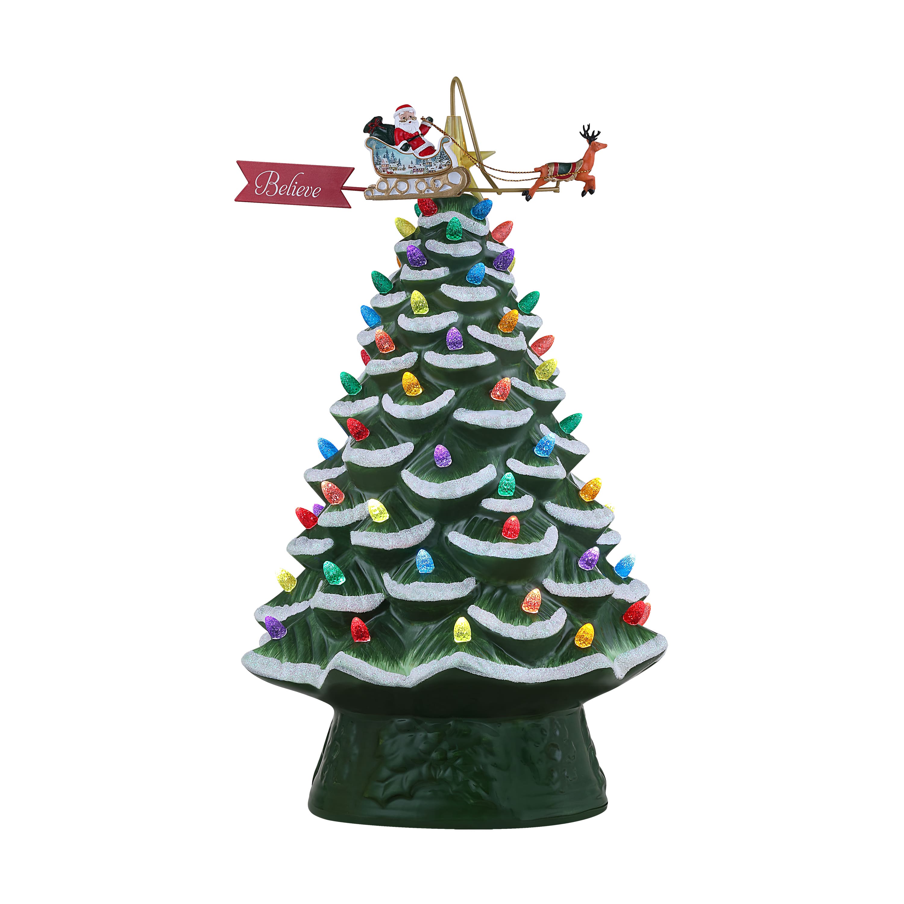 90th Anniversary Collection Green 16&#x22; Ceramic LED Tree with Animated Santa&#x27;s Sleigh