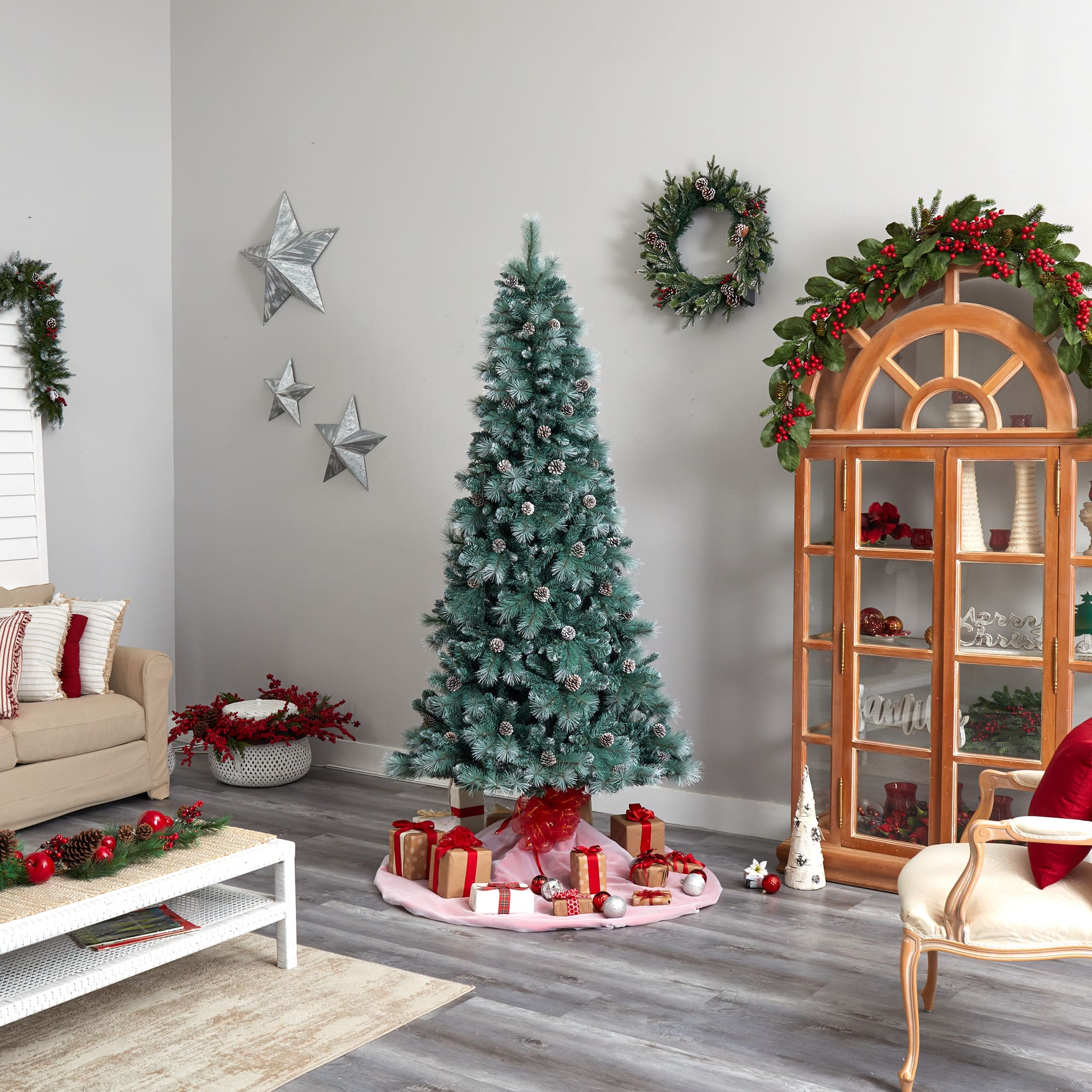 8ft. Pre-Lit Frosted British Columbia Mountain Pine Artificial Christmas Tree, Clear Lights