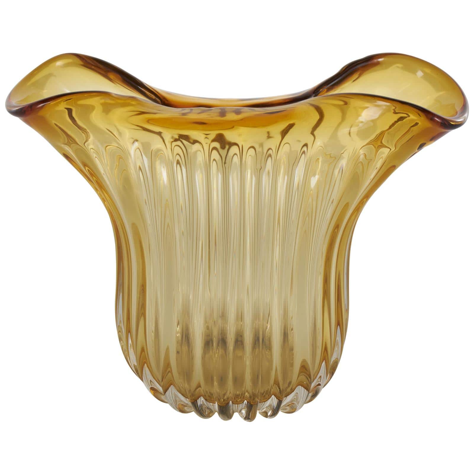 14&#x22; Orange Glass Ribbed Ombre Vase with Folded Curve Opening