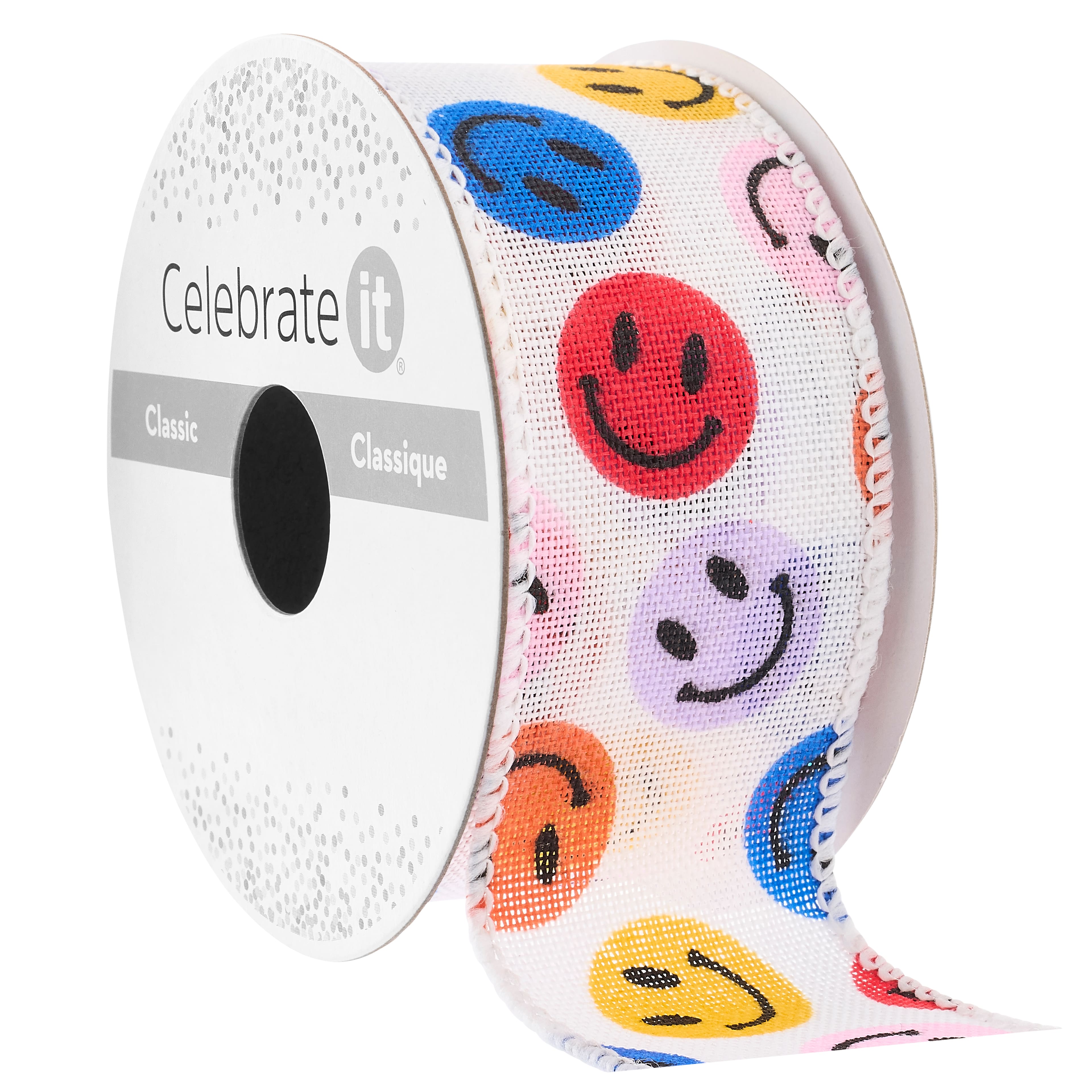 1.5&#x22; x 3yd. Taffeta Wired White Smiles Ribbon by Celebrate It&#x2122; Classic