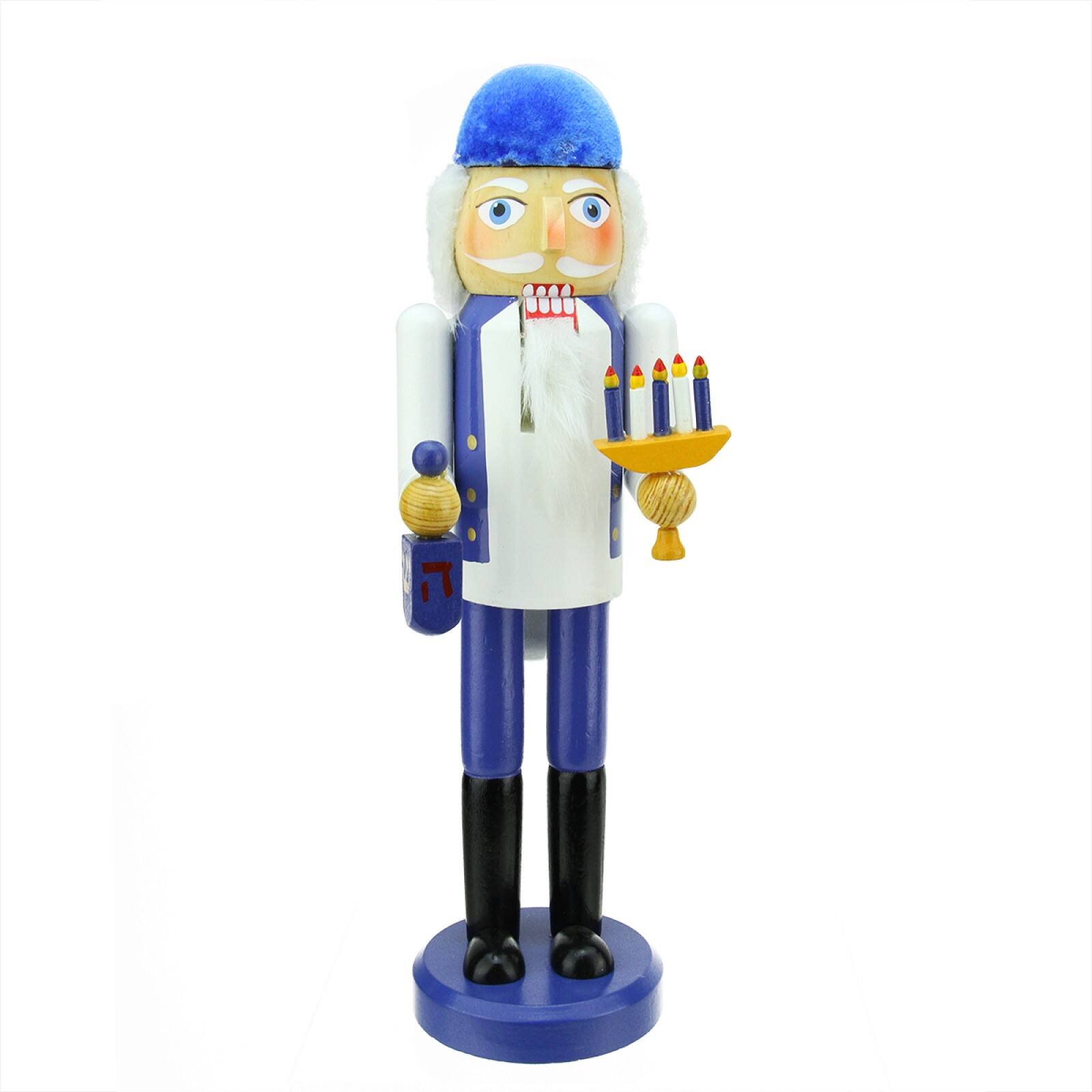 14&#x22; Blue &#x26; White Wooden Hanukkah Nutcracker with Menorah and Dreidel