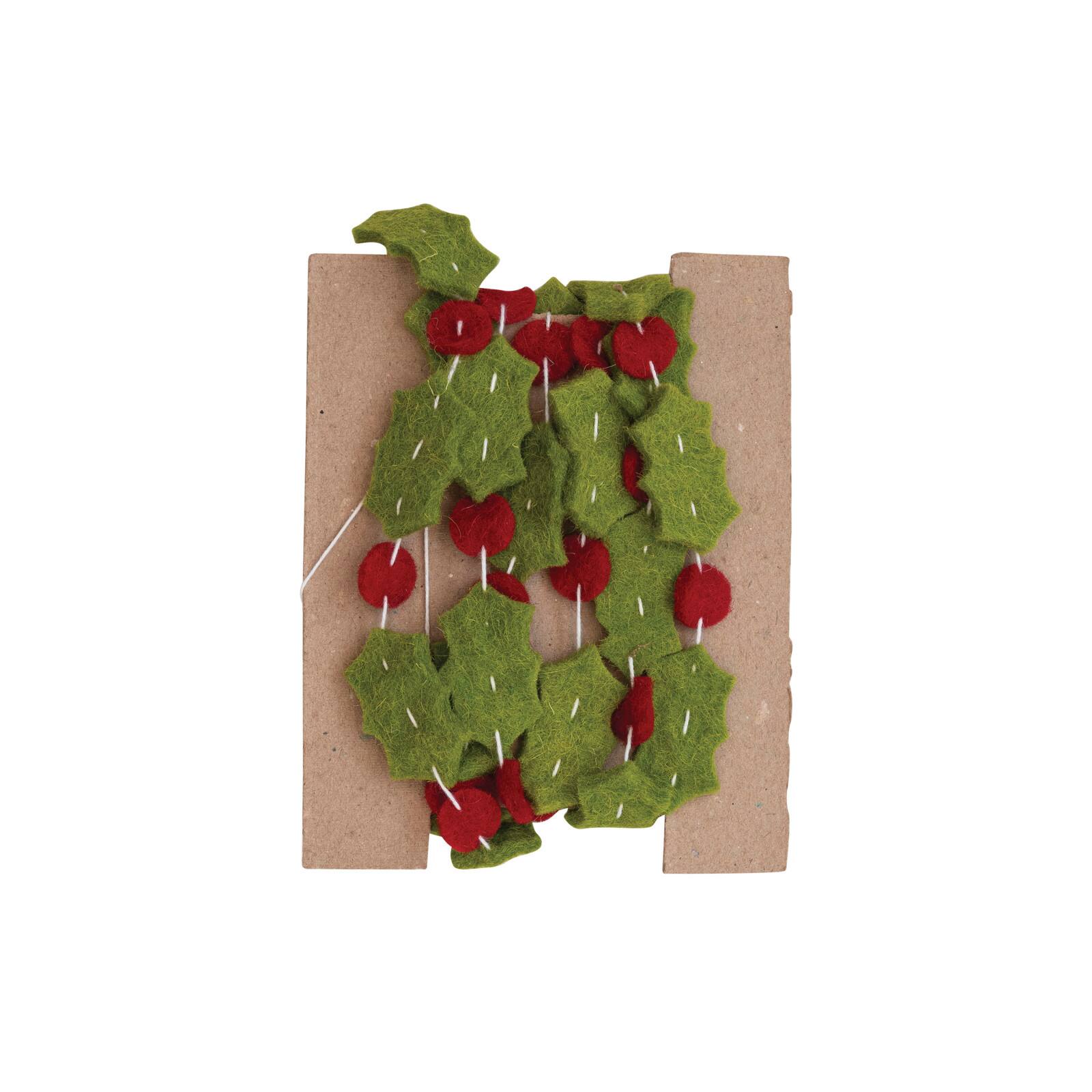 Hello Honey® 6ft. Green & Red Holly Leaves & Berries Handmade Wool Felt Garland