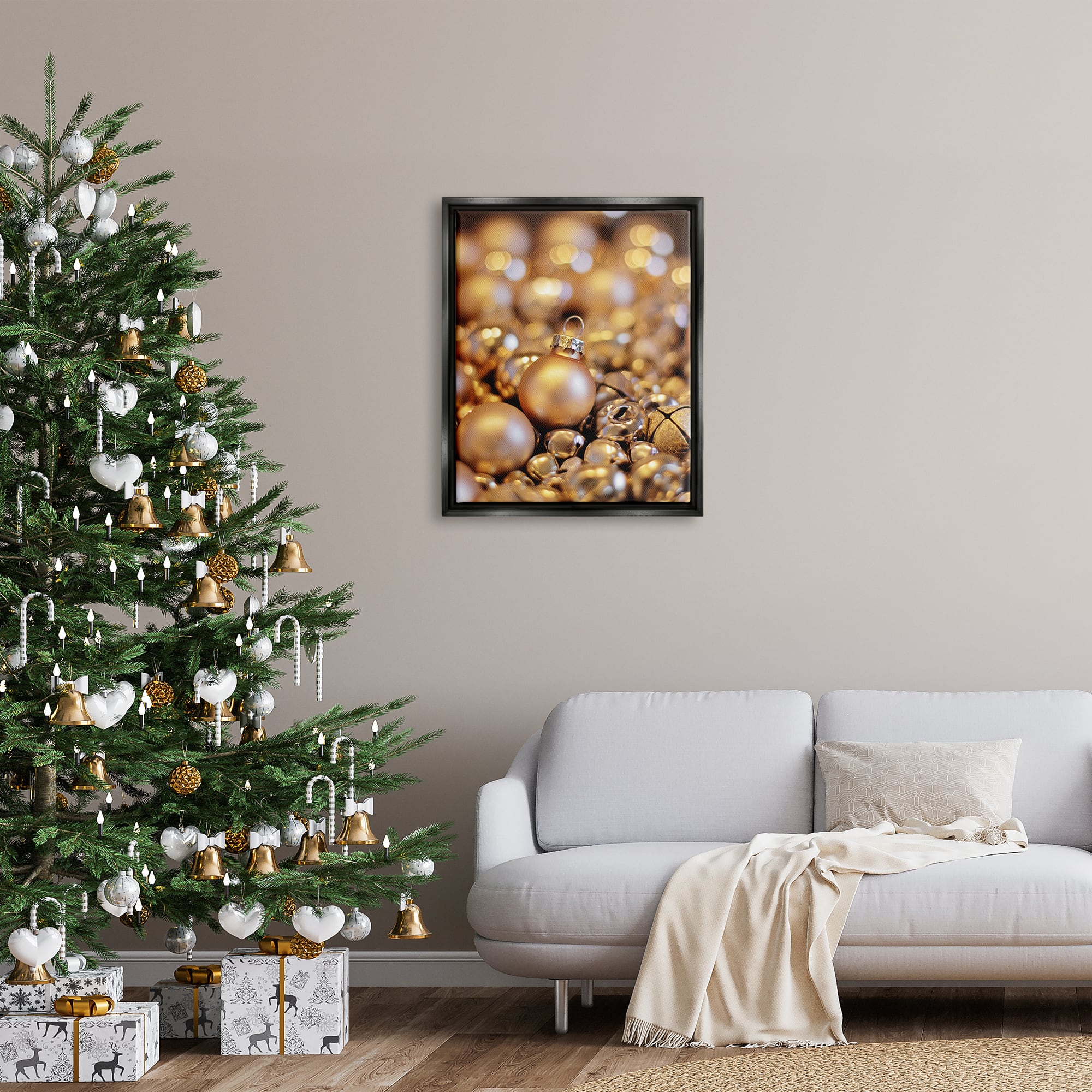 Stupell Industries Gleaming Christmas Ornaments Bells Framed Floater Canvas Wall Art