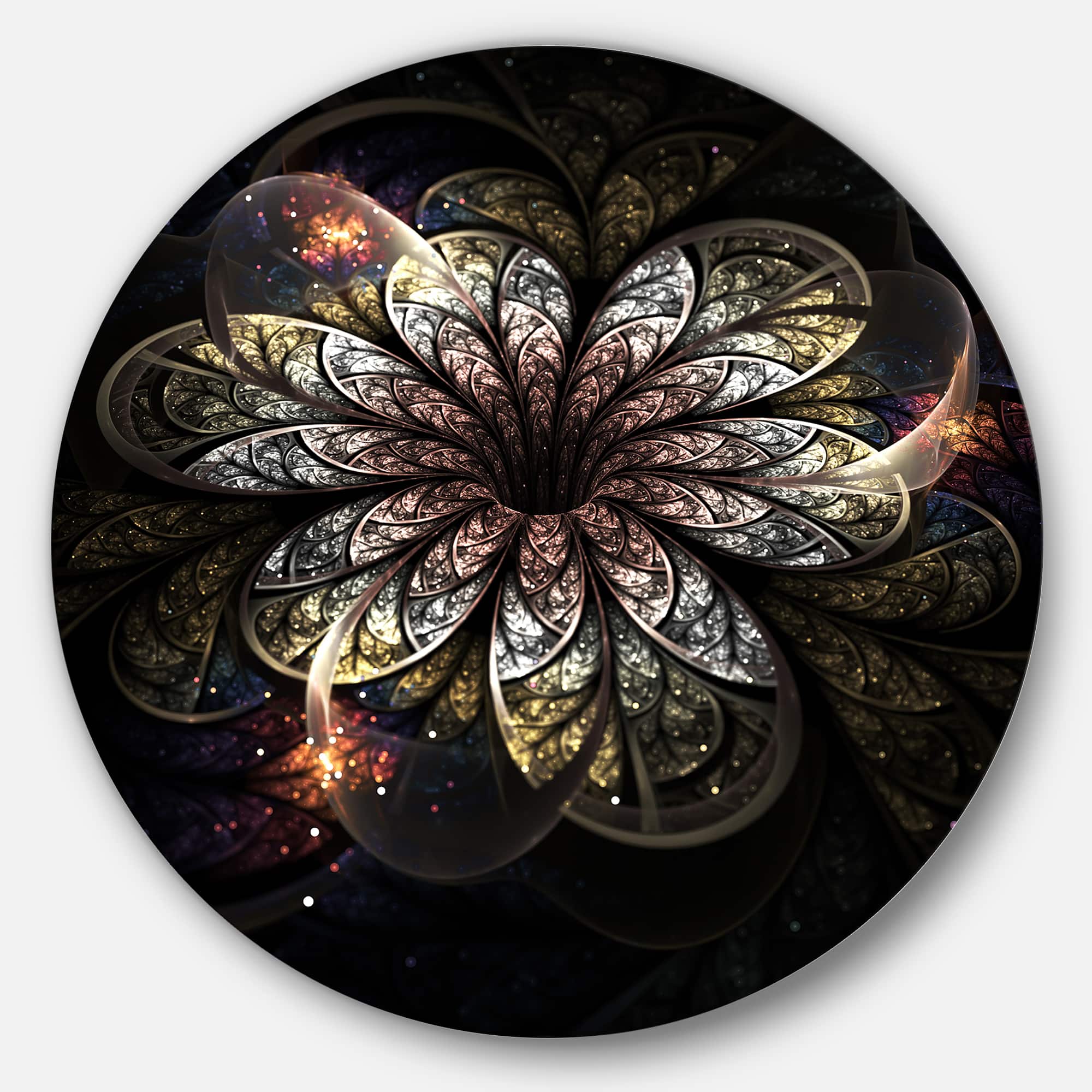 Designart - Rounded Glowing Golden Fractal Flower' Floral Metal Circle Wall Art