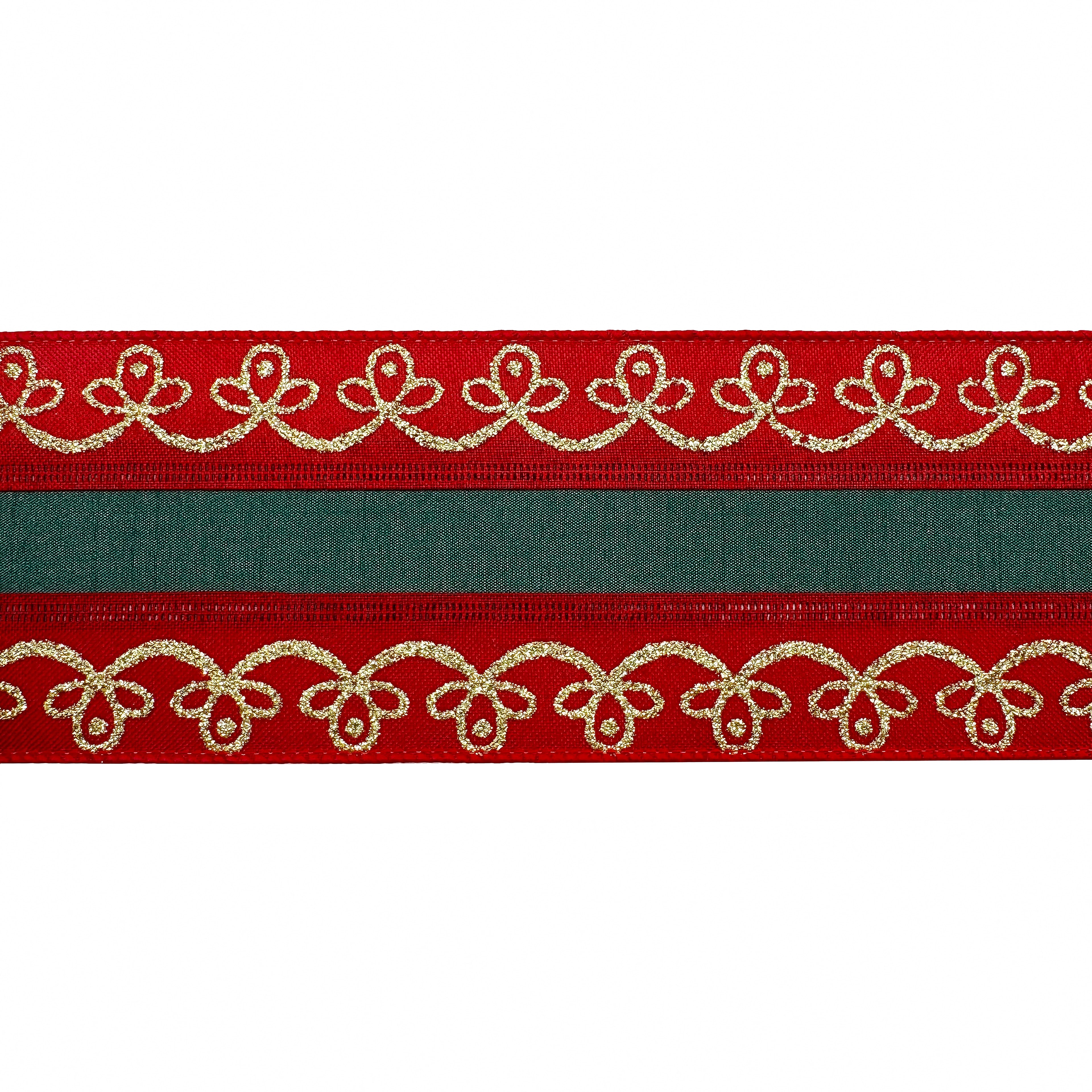 3.5&#x22; x 15ft. Red &#x26; Green with Gold Scroll Wired Ribbon by Celebrate It&#xAE;