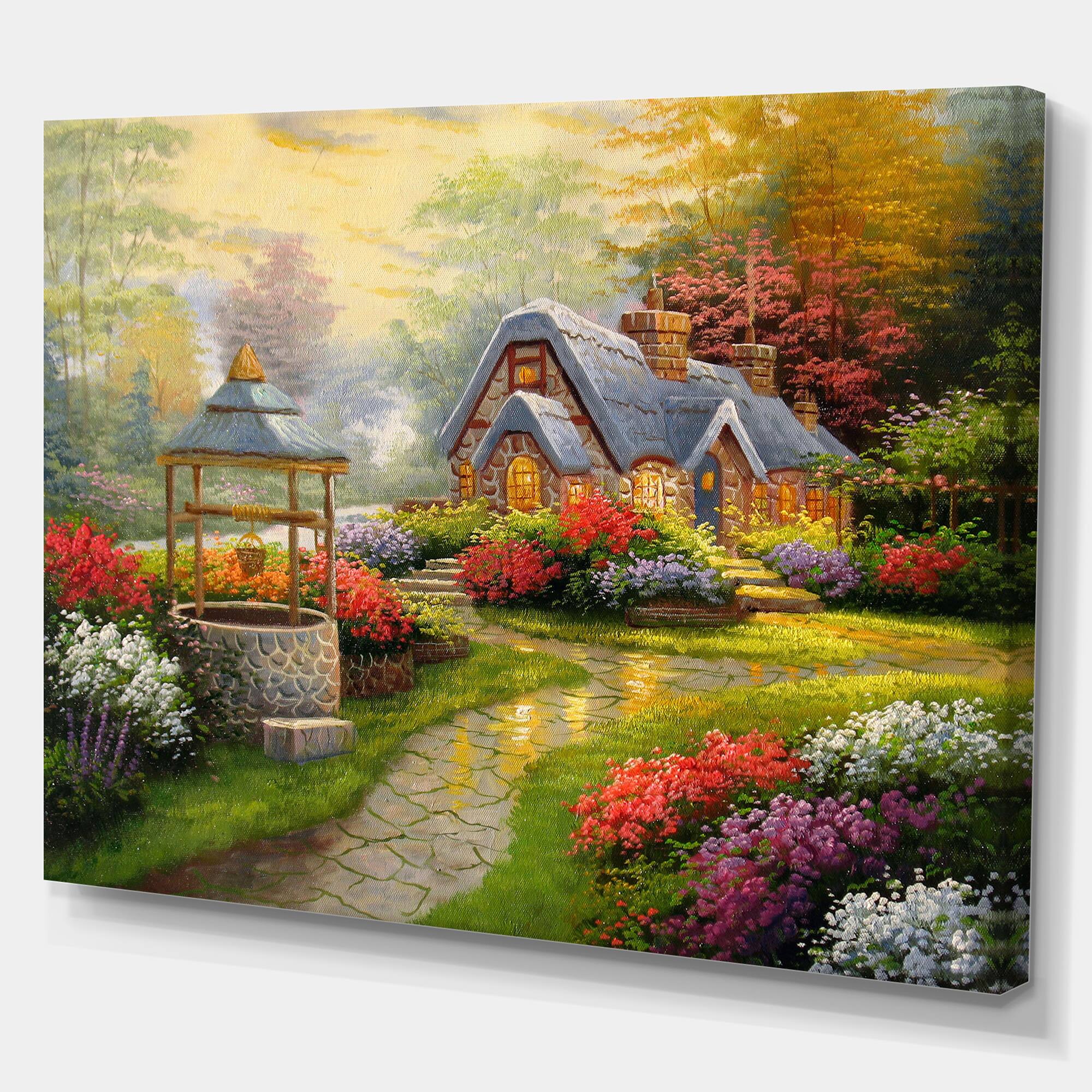 Designart - Sunset Stone Country Cottage - Floral Painting Print on Wrapped Canvas