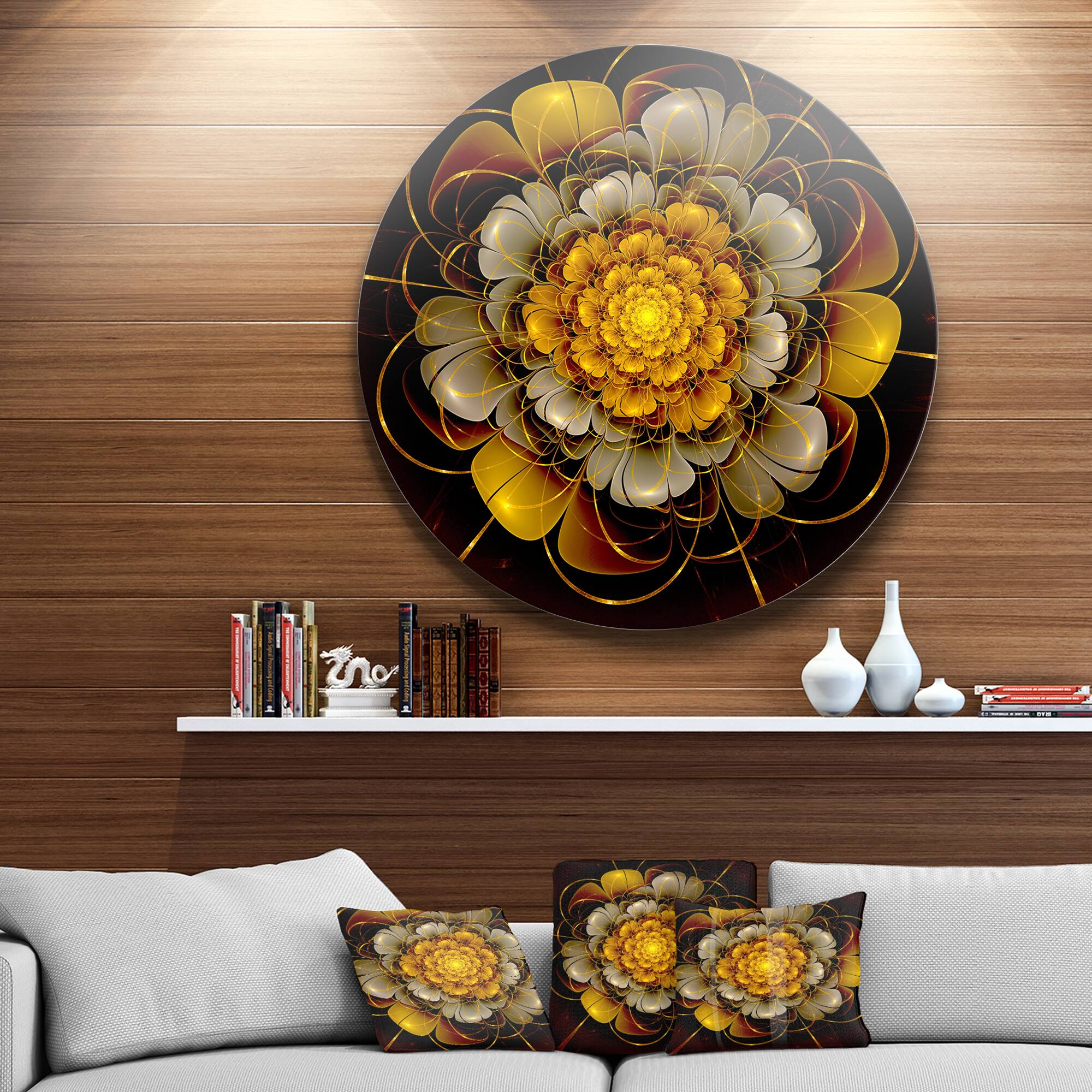 Designart - Dark Gold Fractal Flower&#x27; Disc Large Contemporary Circle Metal Wall Arts