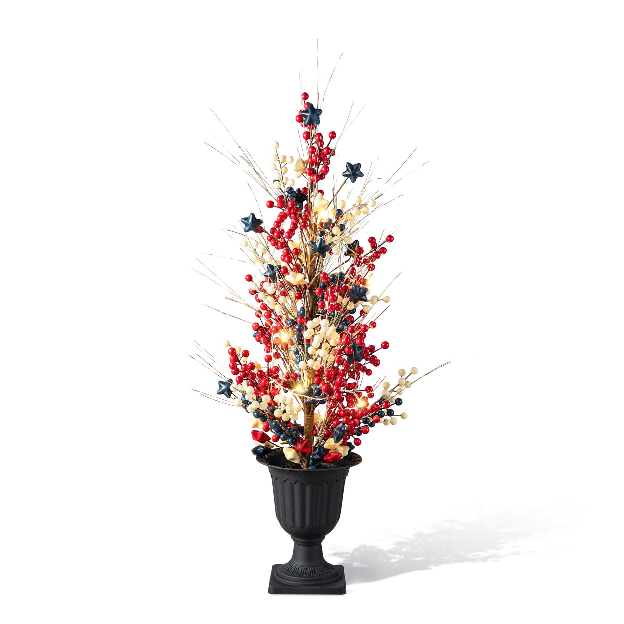 Glitzhome® 36" Lighted Patriotic Americana Berry & Stars Urn Porch Tree
