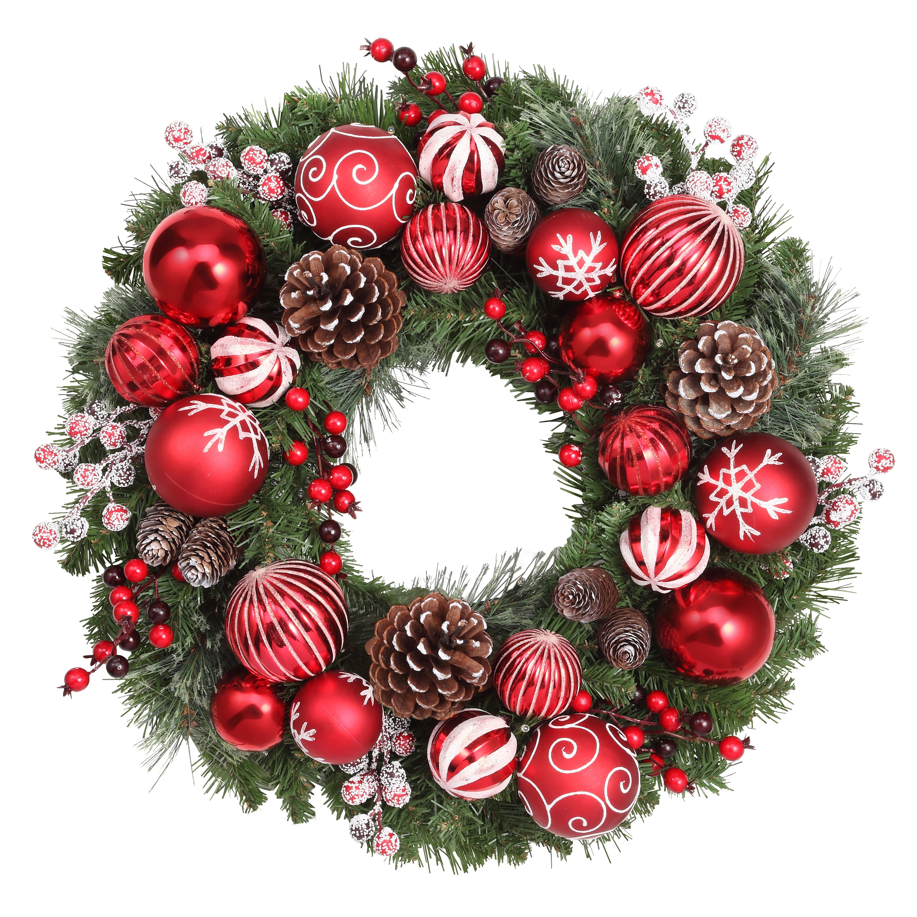 Haute Decor 26&#x22; Pre-Lit Holiday Times Red &#x26; White Ornament, Berry &#x26; Pinecone Wreath, Soft White LED Lights
