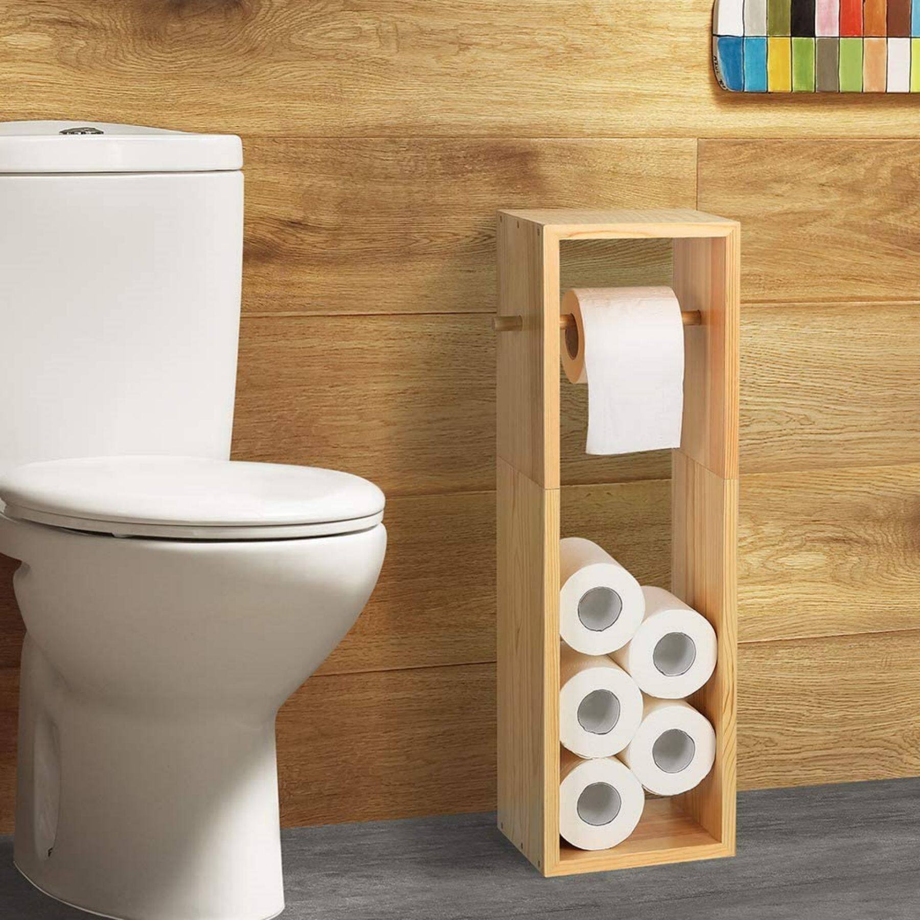 Natural Brown Wood Toilet Paper Holder with 6 Rolls Storage