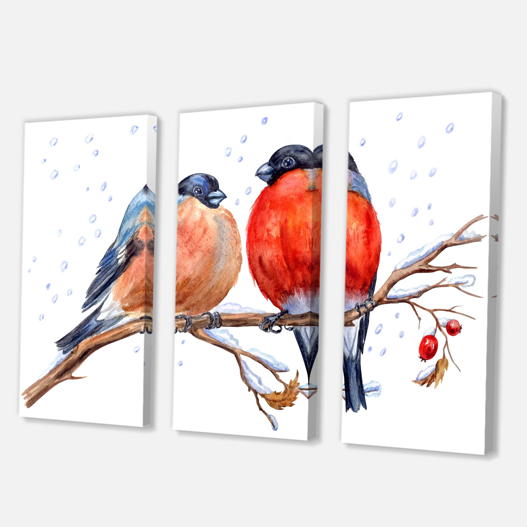 Designart - Two Bullfinches On A Hawthorn Branch with Snowfall