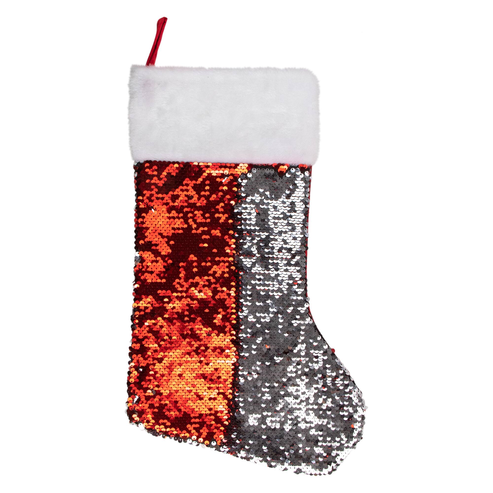 19&#x22; Red &#x26; Silver Sequin Christmas Stocking with White Faux Fur Cuff