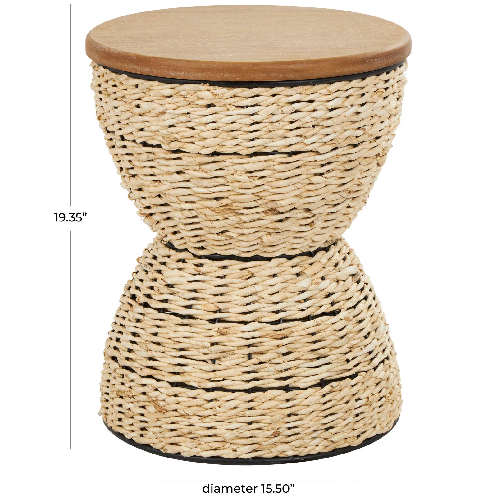 19&#x22; Rattan Woven Stool with Wood Tabletop and Black Frame