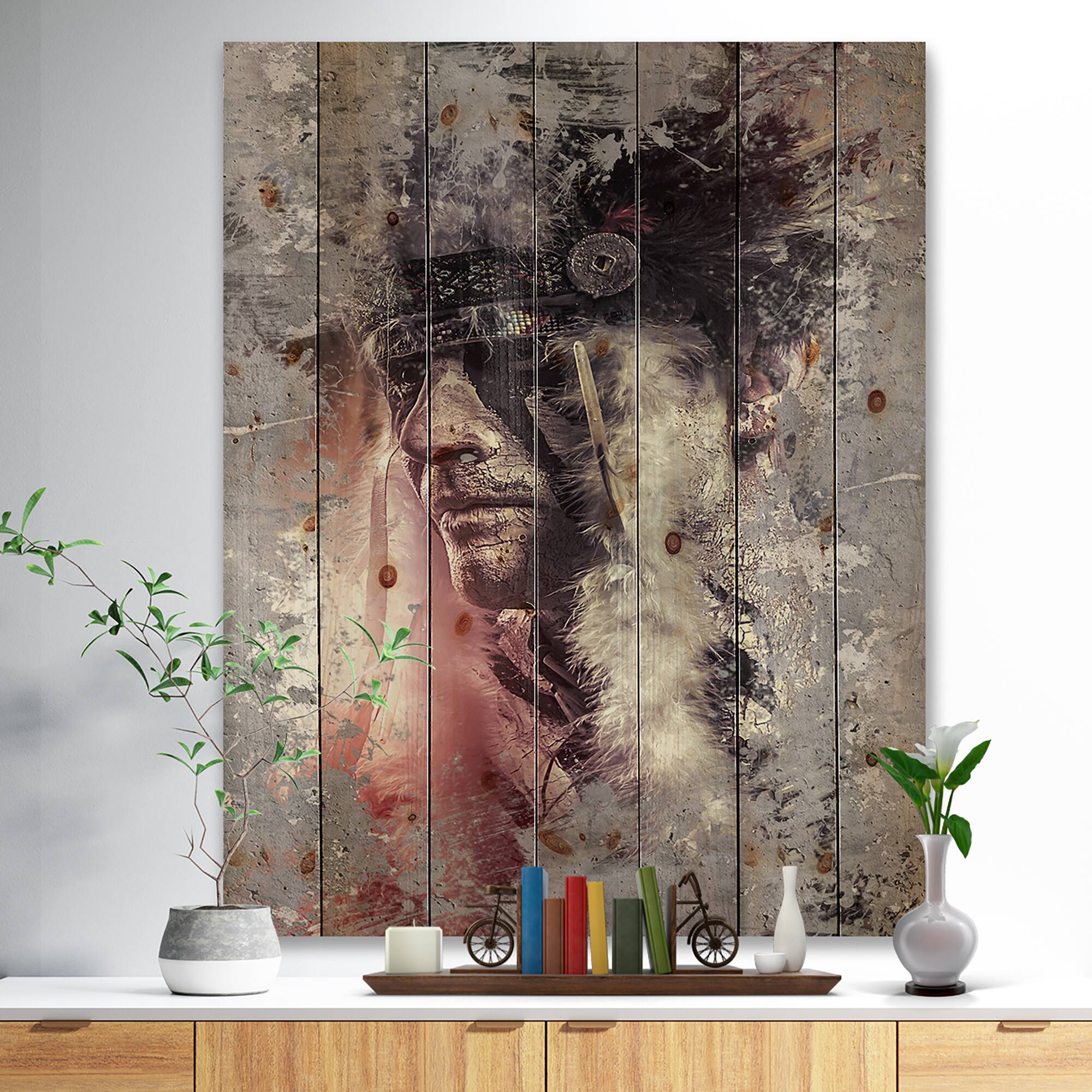 Designart - Native American Indian Warrior - Abstract Portrait Print on Natural Pine Wood