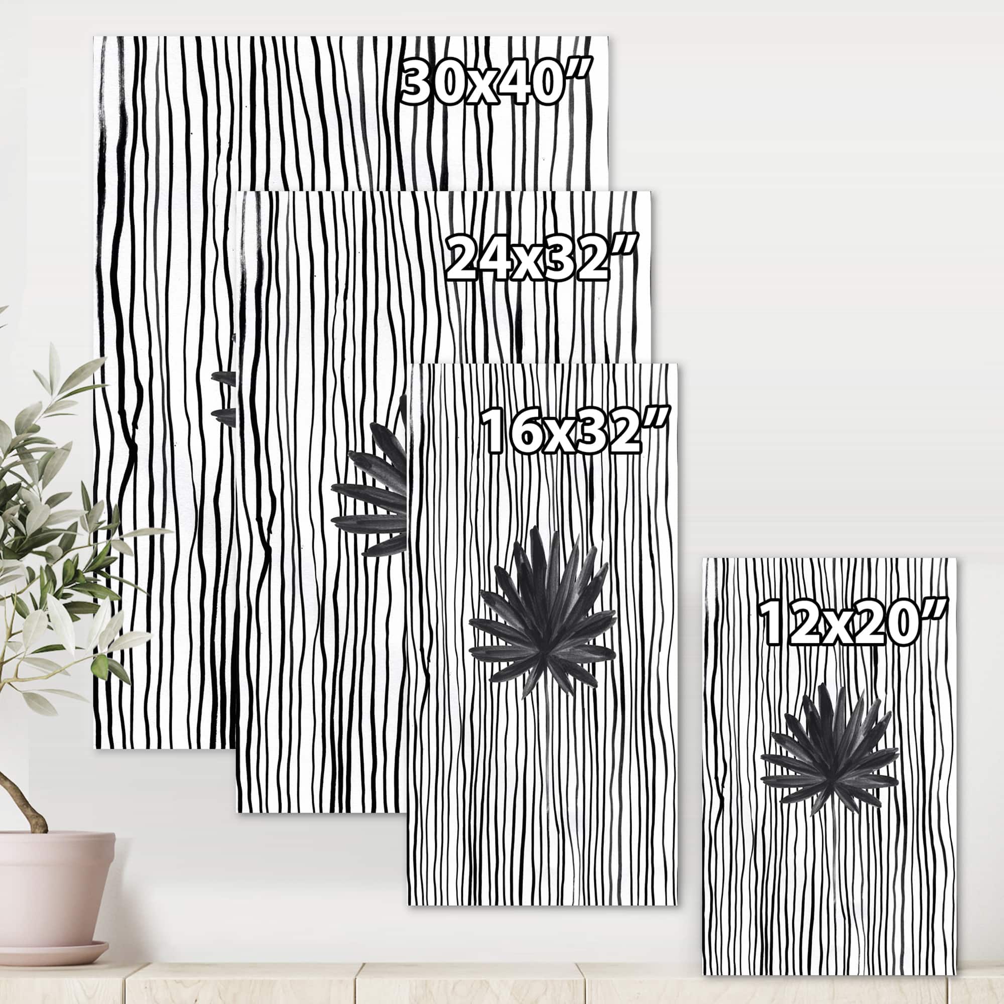 Designart - Black and White Tropical Leaf On Striped III - Modern Canvas Wall Art Print