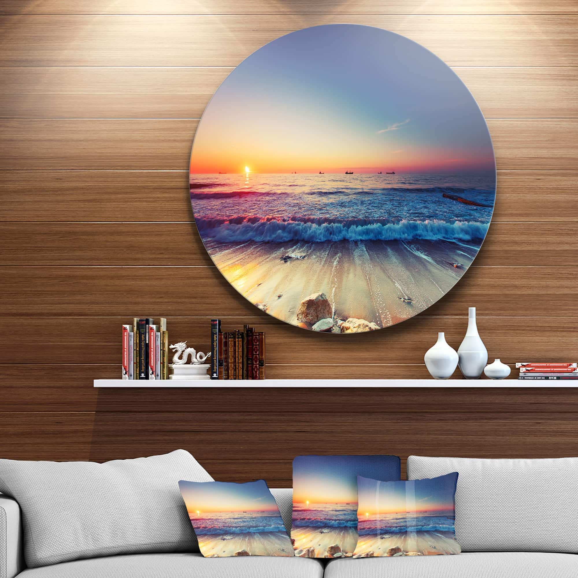 Designart - Beautiful Sunrise over Blue Sea&#x27; Seashore Metal Circle Wall Art