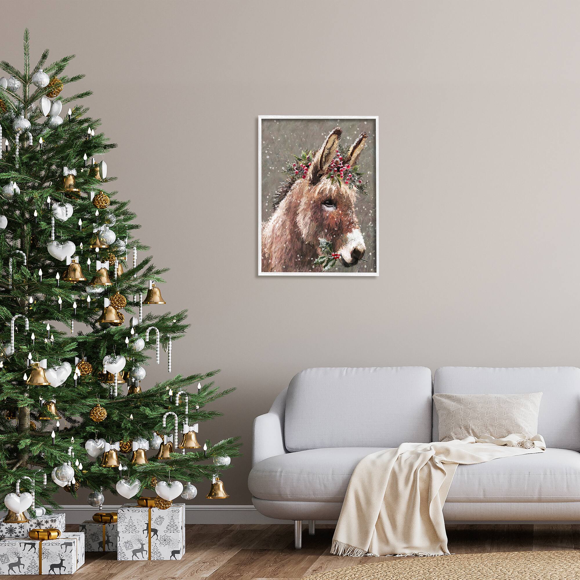 Stupell Industries 24" x 30" Winter Donkey Snow Falling Giclee Art in White Frame