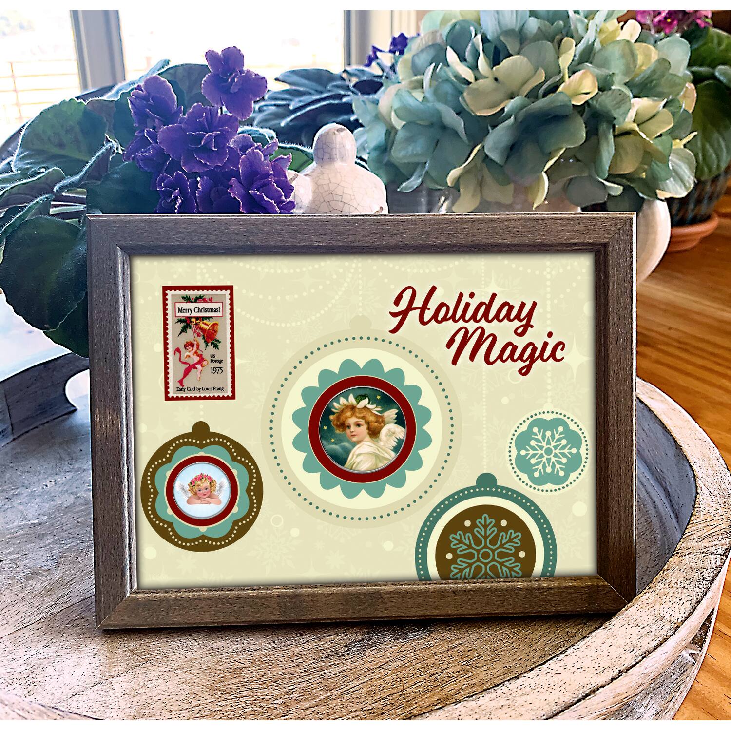 Holiday Magic Colorized Angels Half Dollar and Nickel Coins with Stamp in Wood Frame