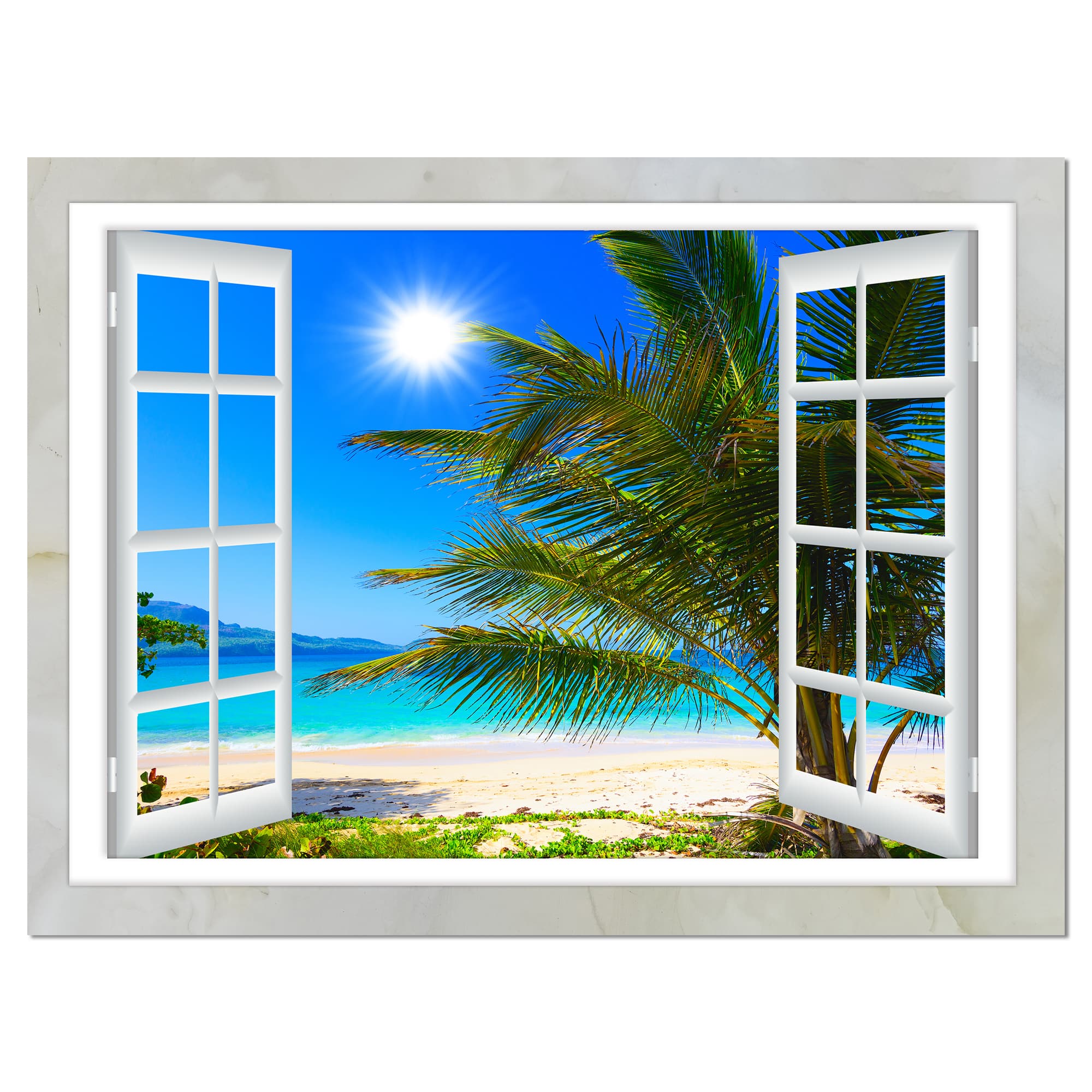 Designart - Window Open to Beach with Palm - Extra Large Seashore Canvas Art