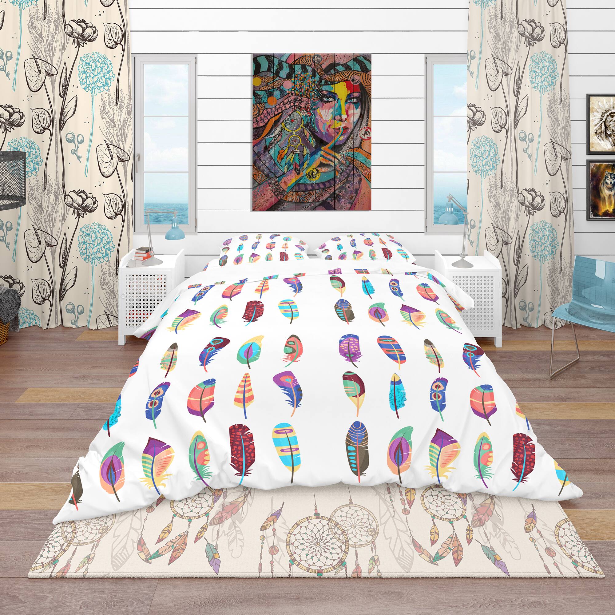 Designart 'Colored Feathers Set' Southwestern Bedding Set - Duvet Cover & Shams