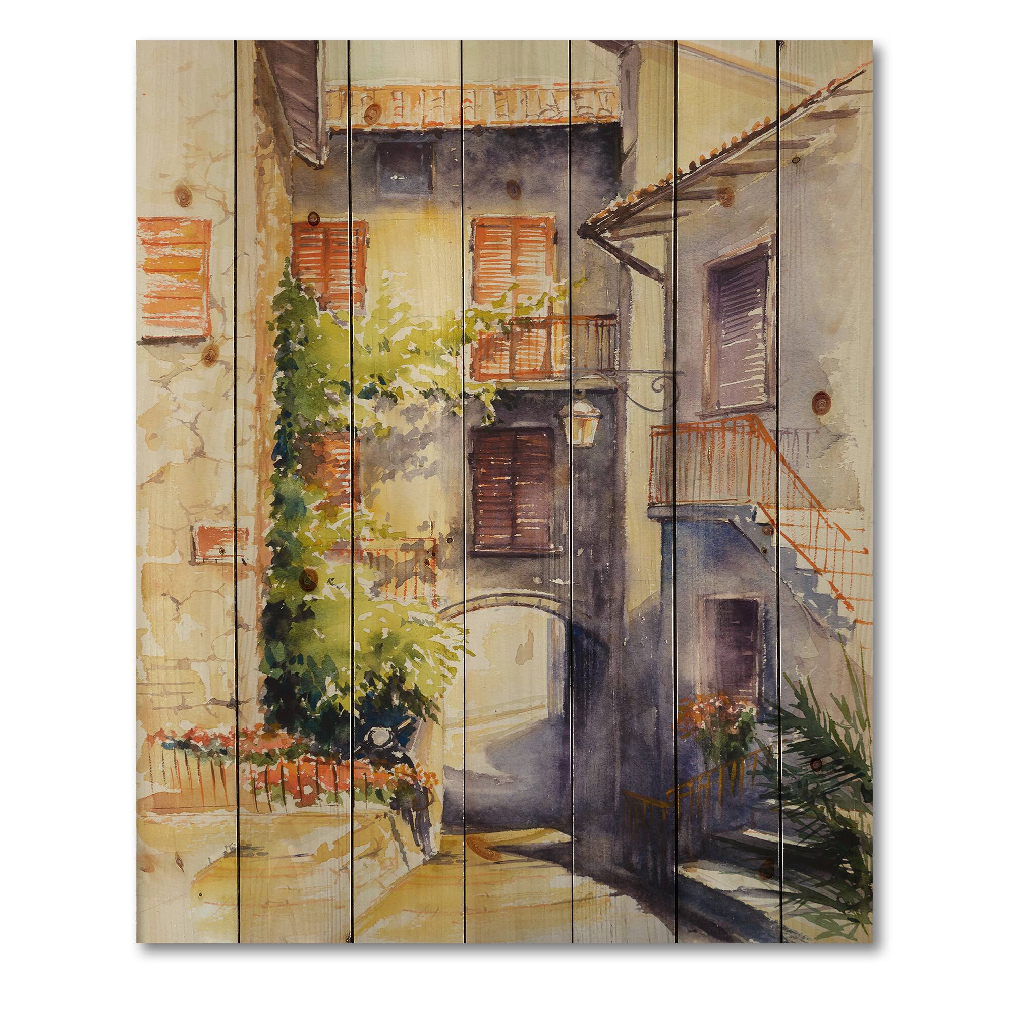 Designart - Rustic and Idyllic Italian VIllage - Country Print on Natural Pine Wood