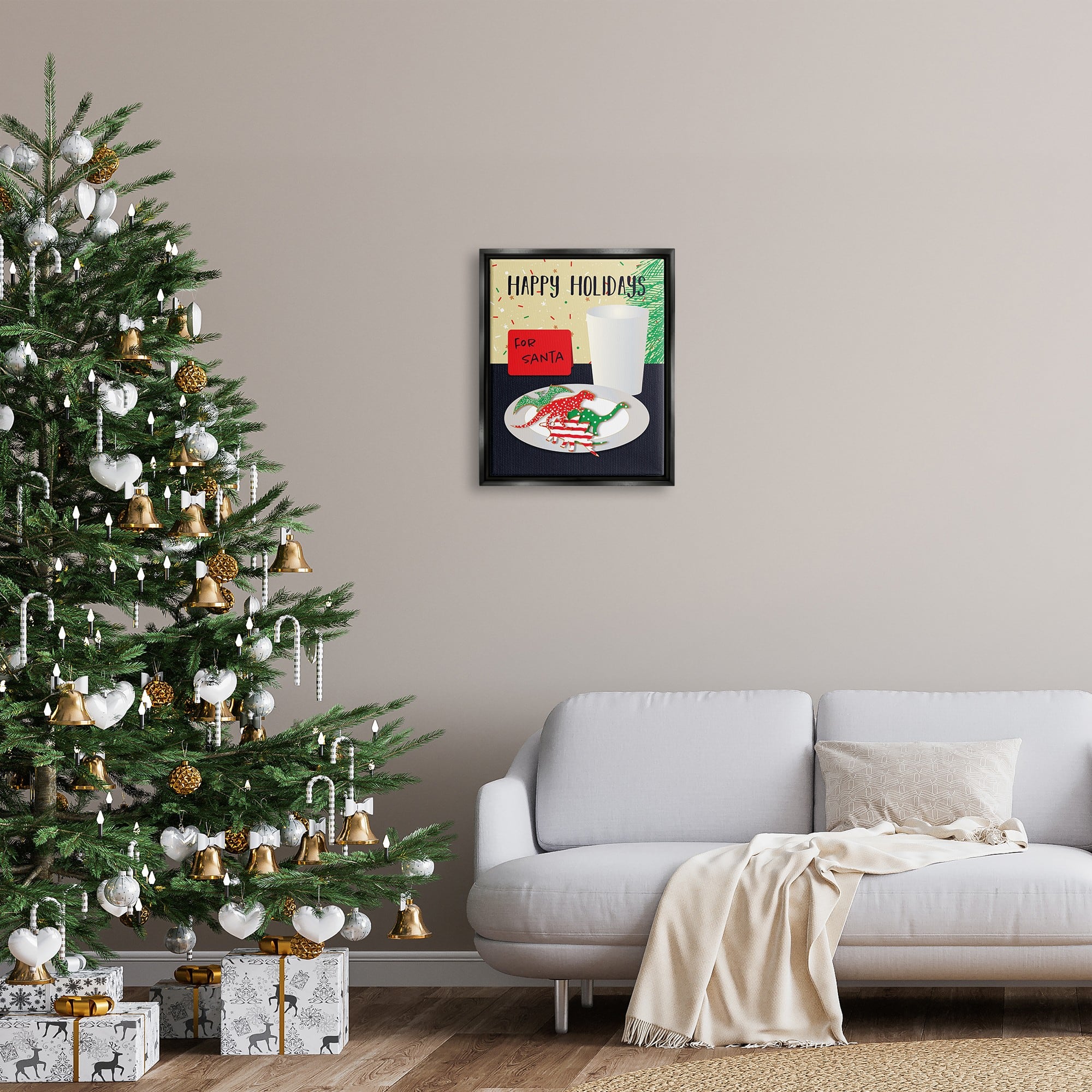Stupell Industries Happy Holidays Dinosaur Santa Cookies Framed Floater Canvas Wall Art