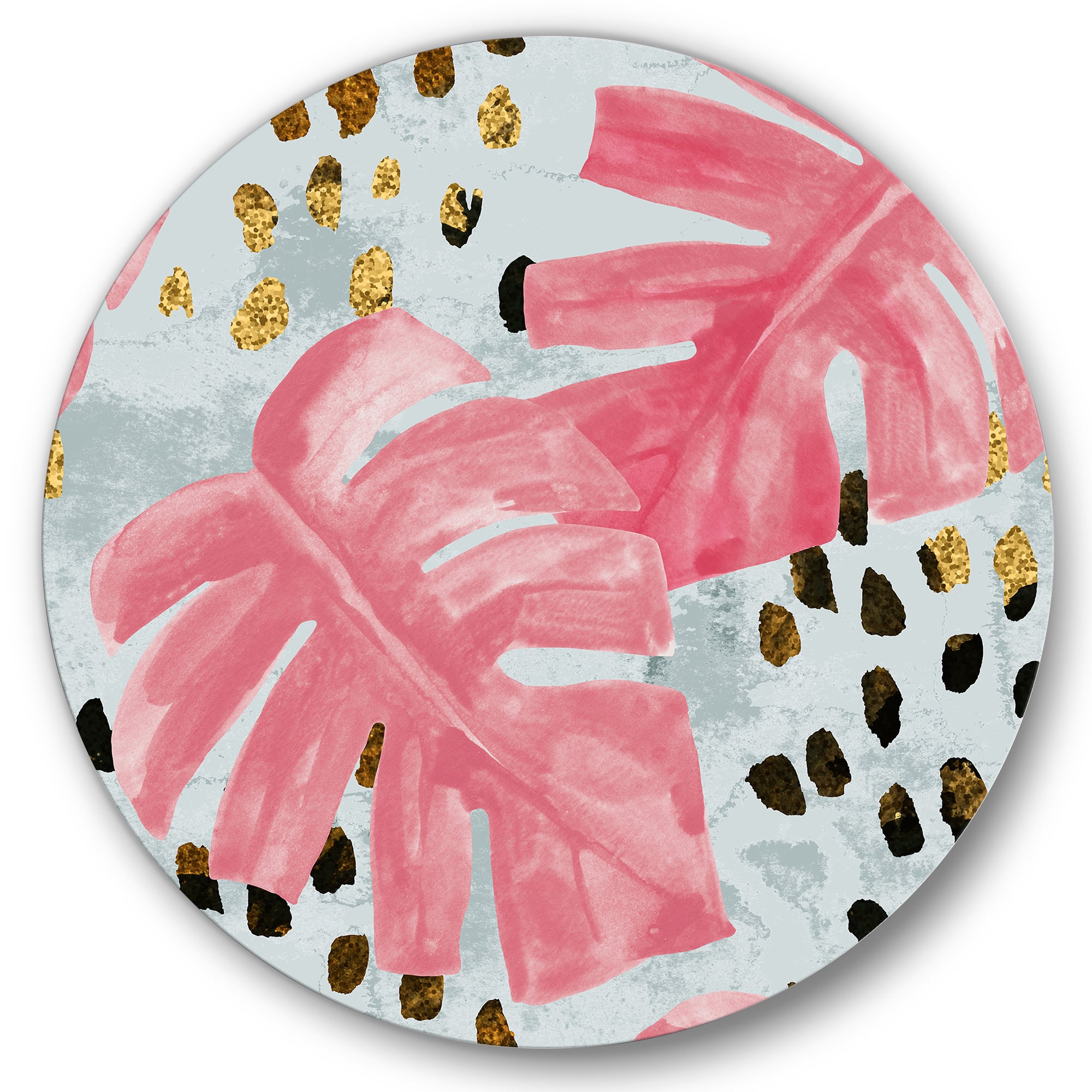 Designart - Pink Colored Monstera On Rough Brush Strokes II - Tropical Metal Circle Wall Art