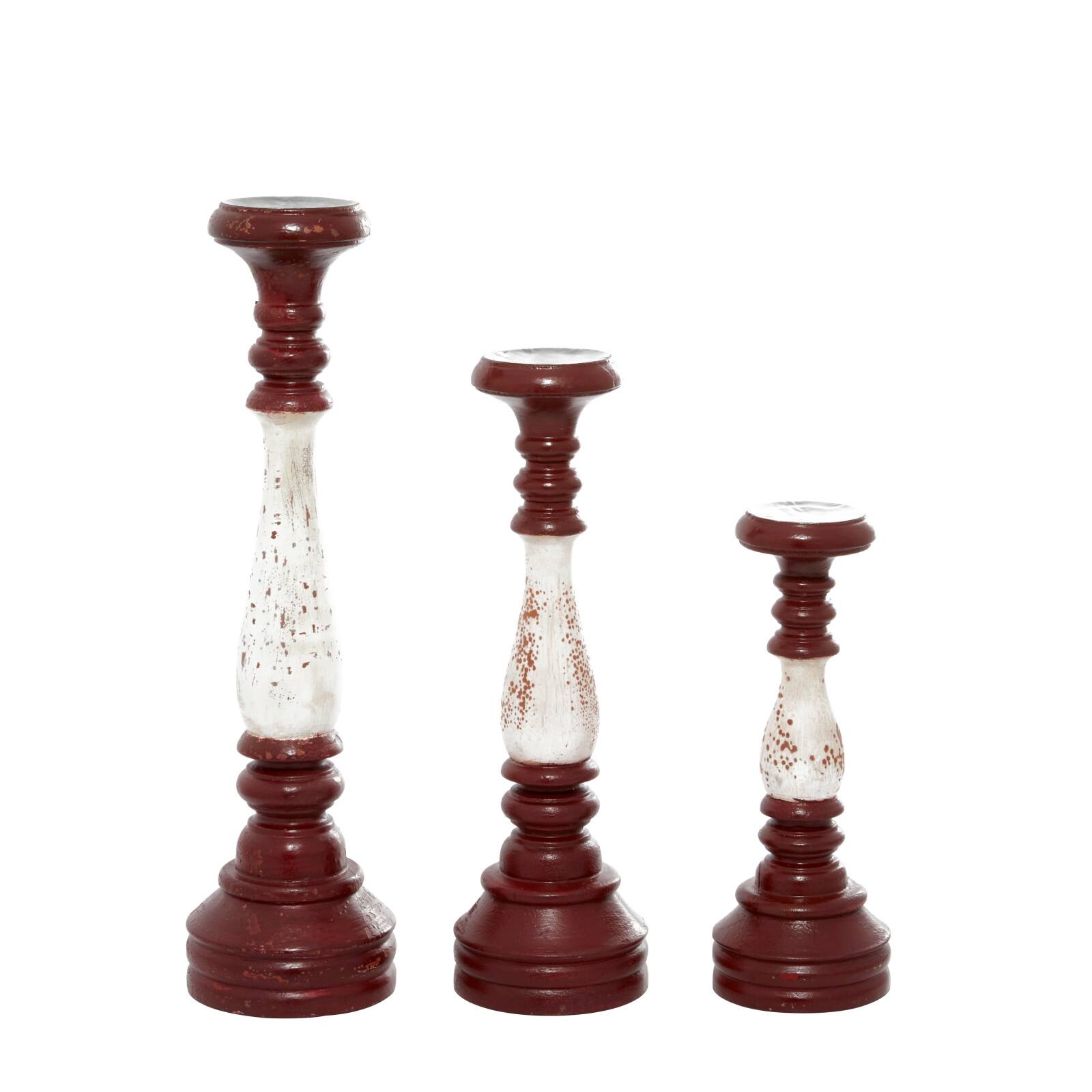 20" Red & White Wood Farmhouse Candlestick Holder Set