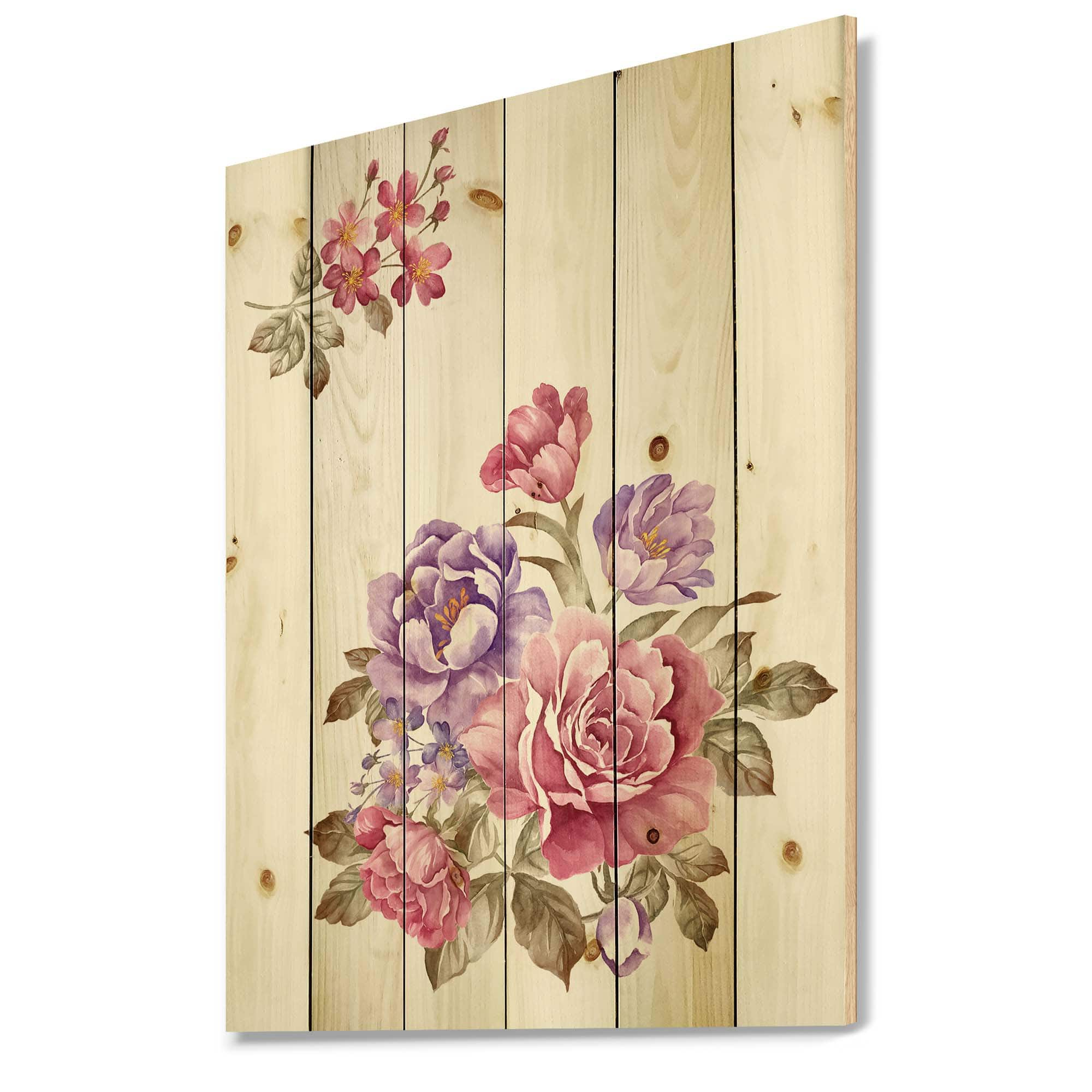 Designart - Bouquet of Pink and Purple Flowers I - Farmhouse Print on Natural Pine Wood