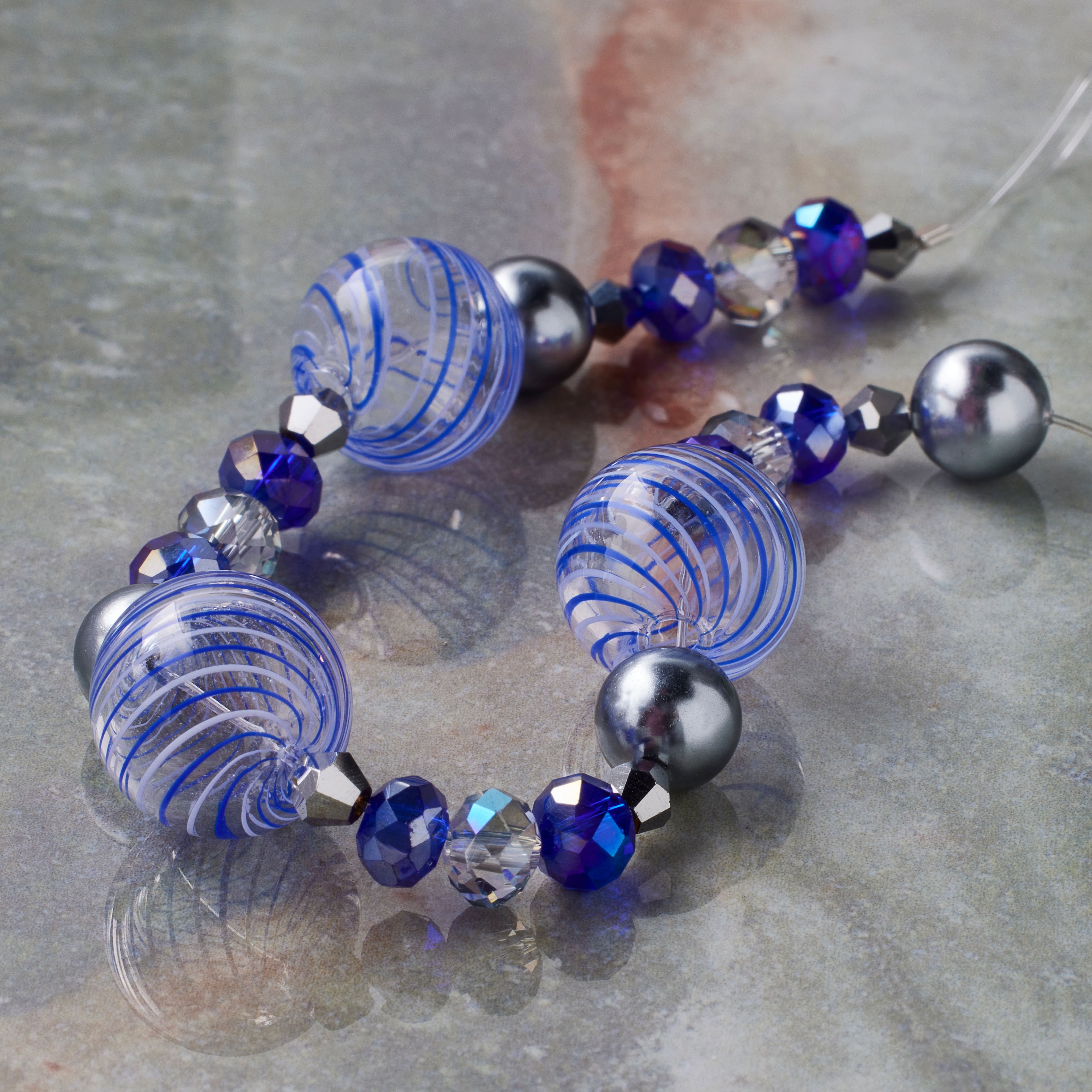 Blue Lampwork Glass Stripe Round Beads by Bead Landing&#x2122;