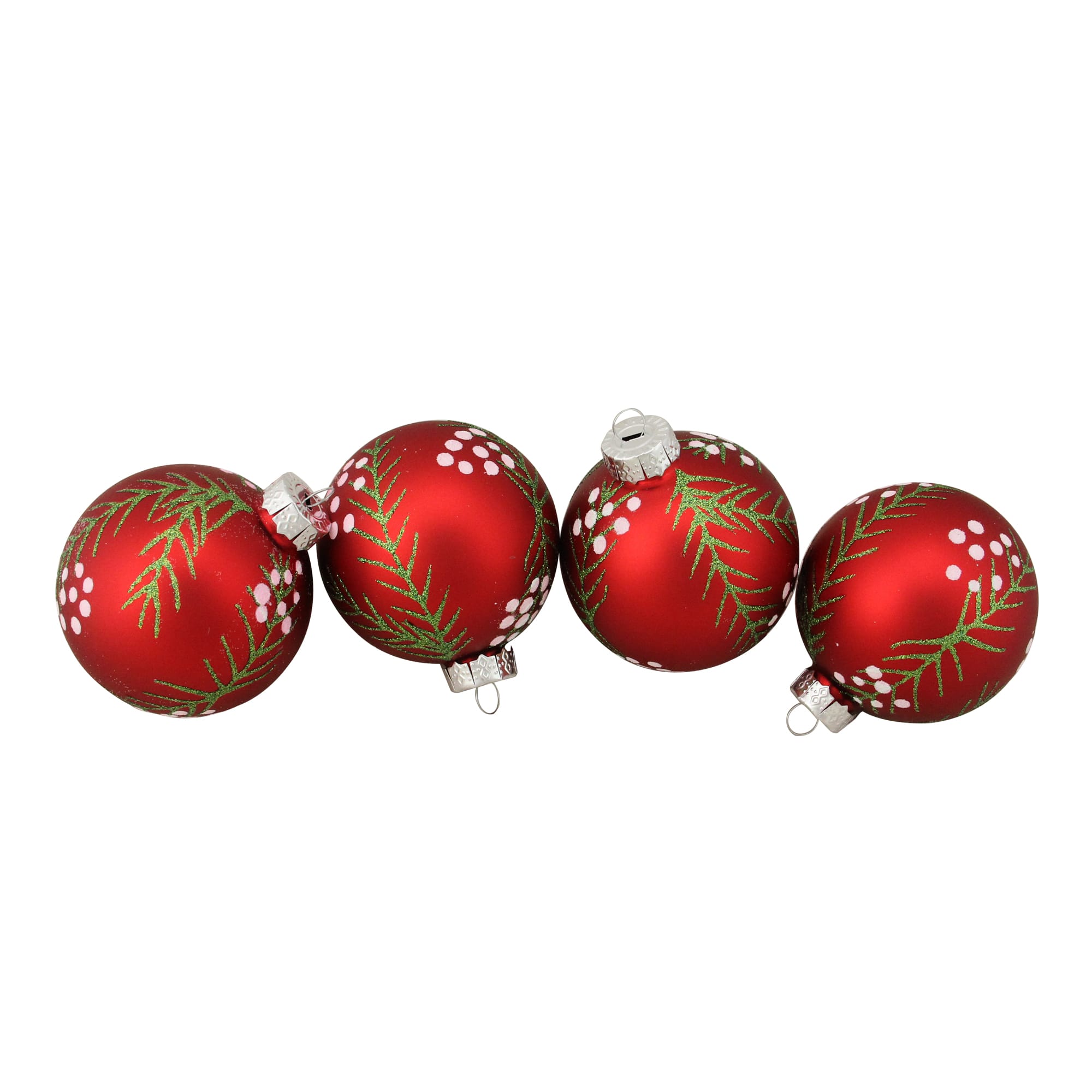 4ct. Matte Red with Pine Needles Glass Christmas Ball Ornaments