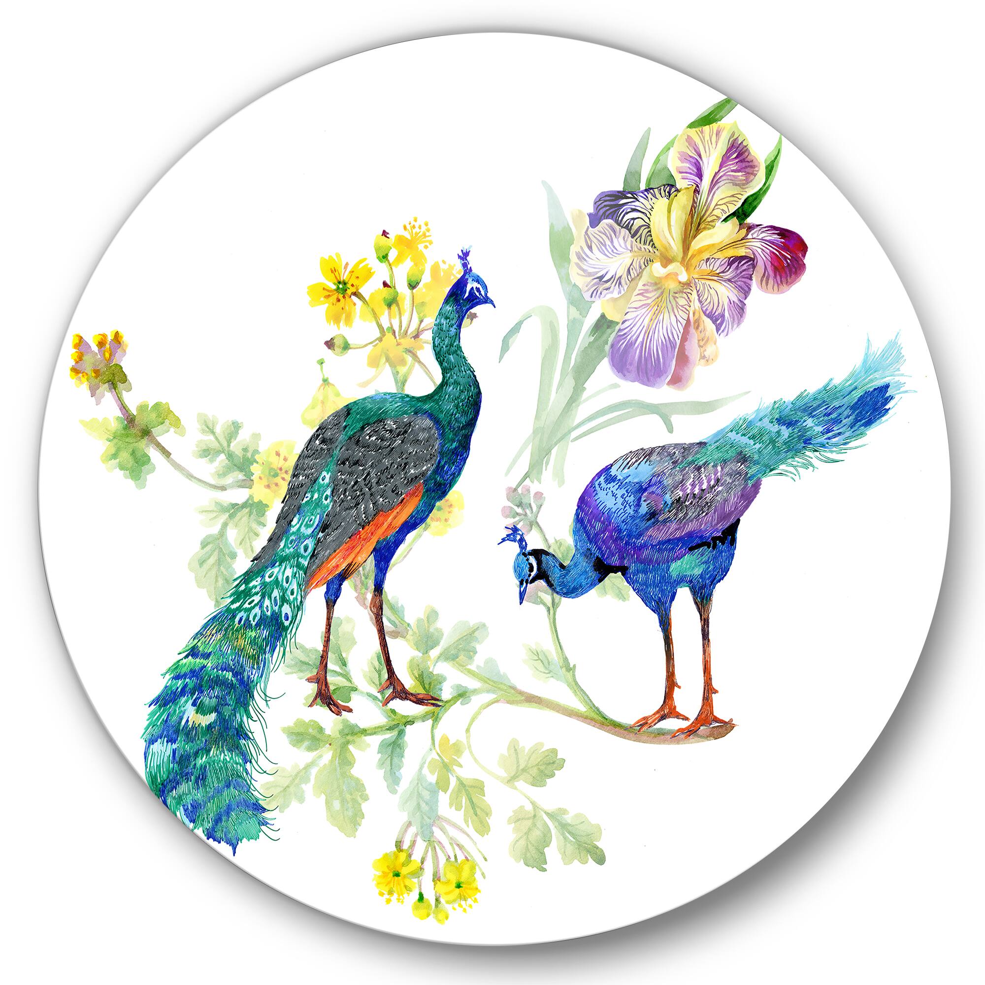 Designart - Peacocks and Iris Flowers - Traditional Metal Circle Wall Art