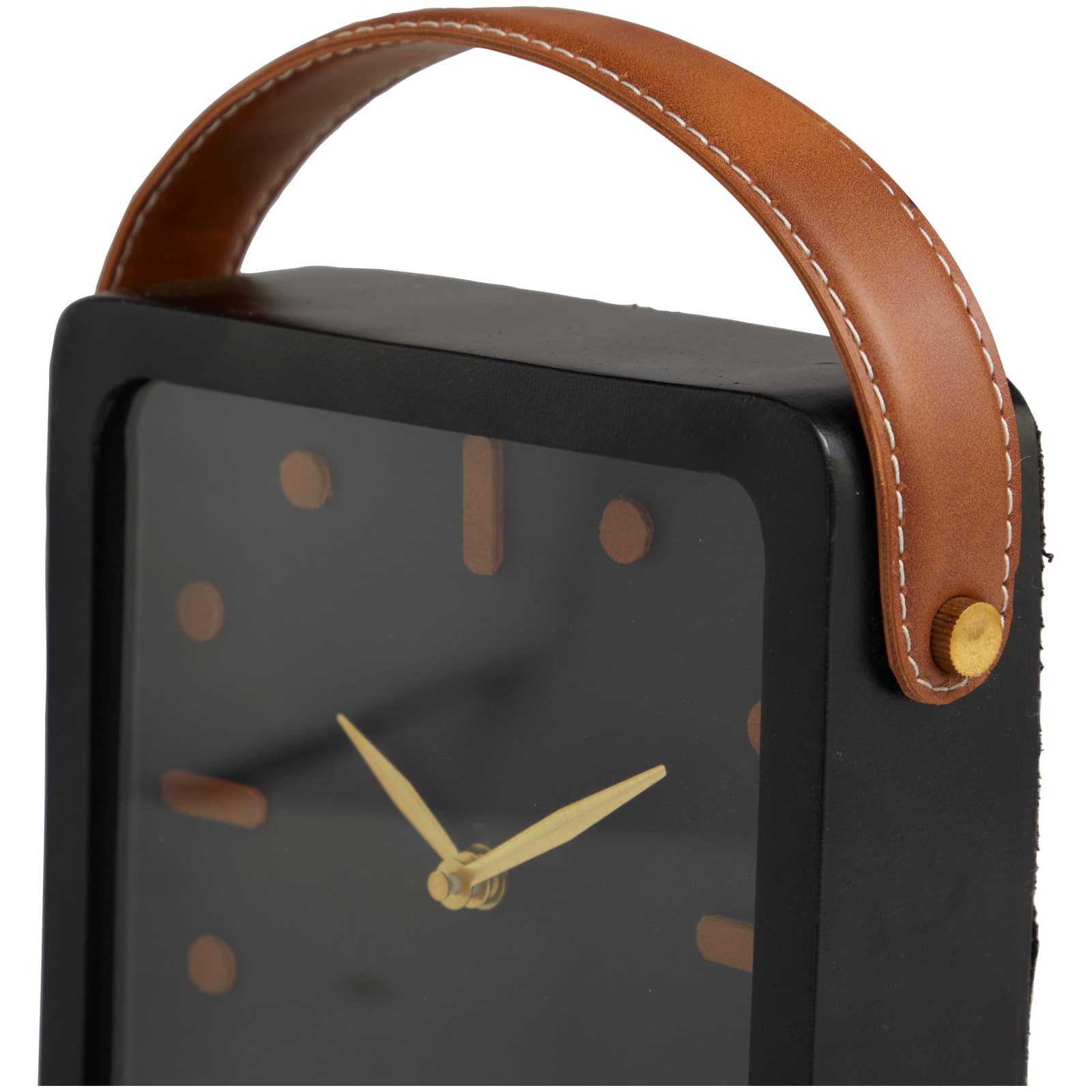 9&#x22; Black Metal Tabletop Clock with Leather Handle