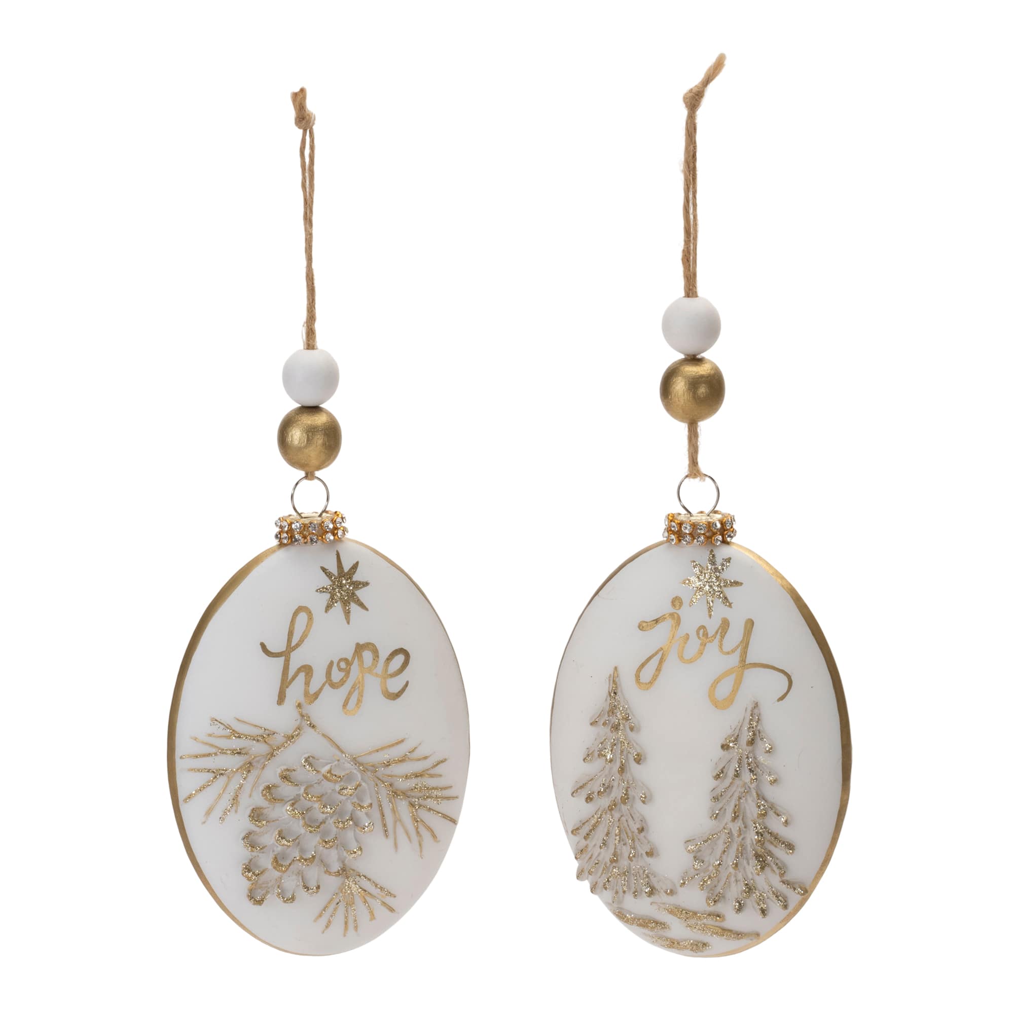 Hope &#x26; Joy Glittered Glass with Wood Beads Ornament Set