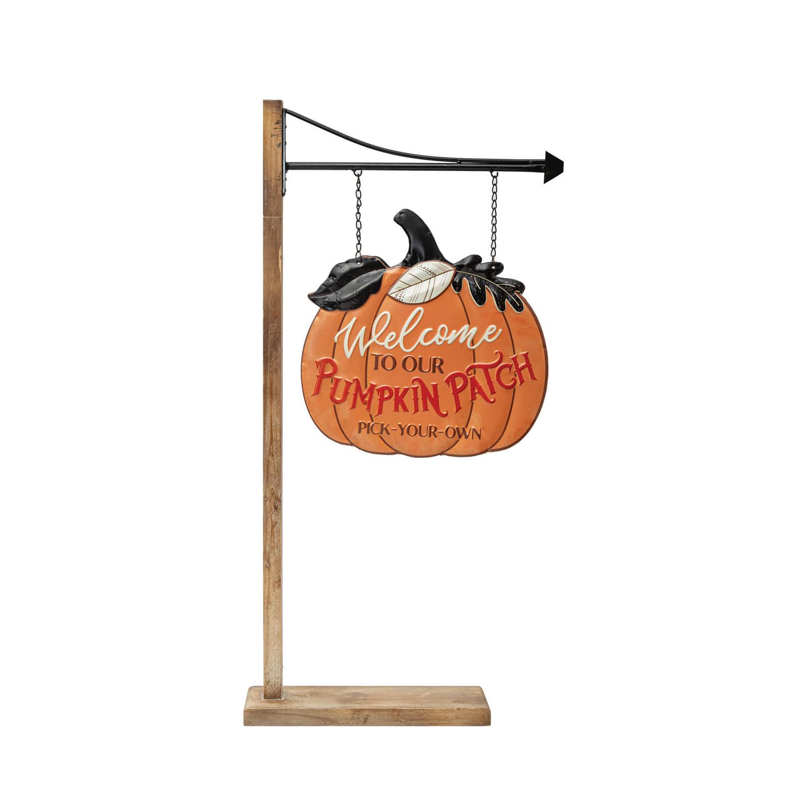 Hello Honey&#xAE; 38.5&#x22; 2-Sided Embossed Metal Pumpkin Sign D&#xE9;cor with Wood Floor Stand