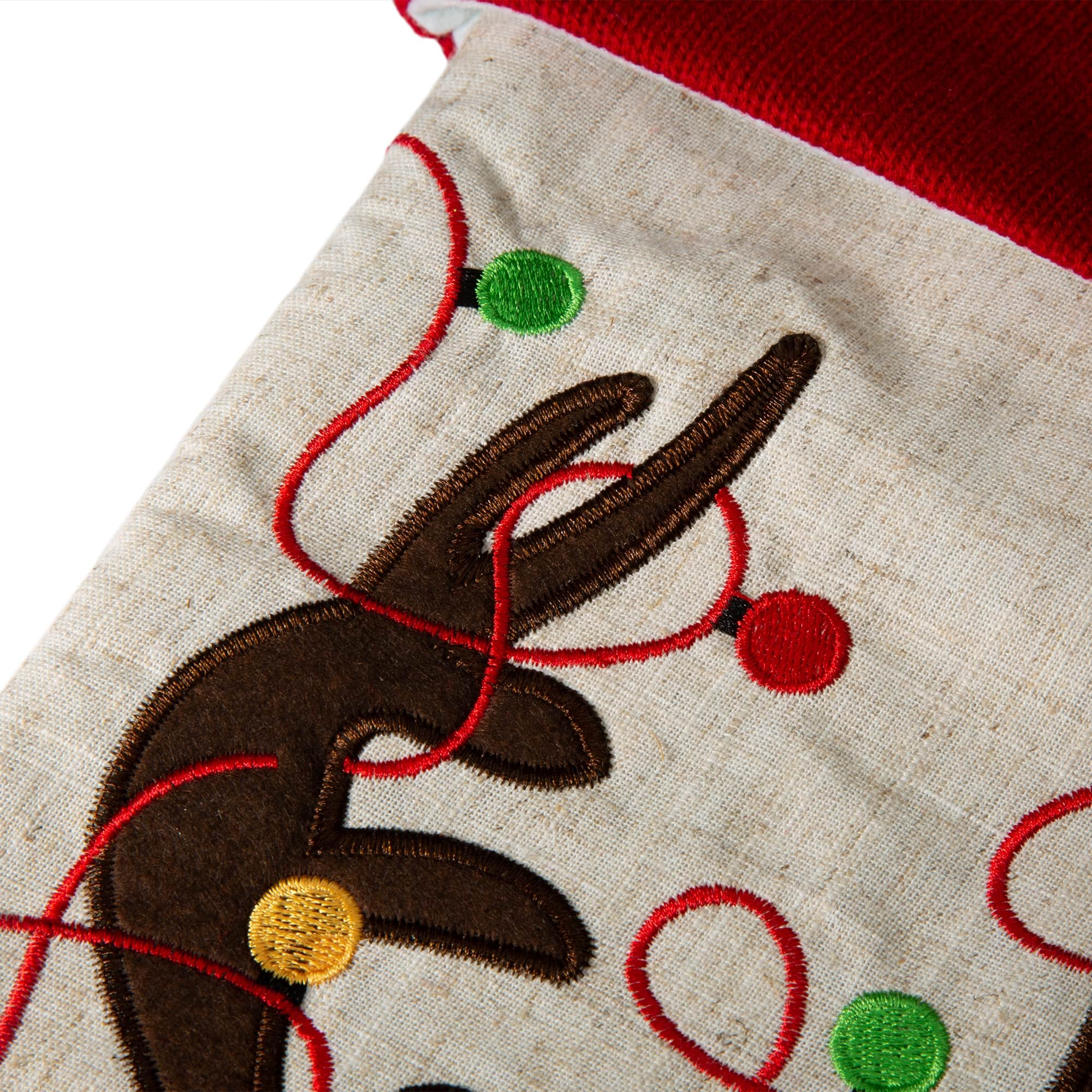 Glitzhome&#xAE; 21&#x22; LED Embroidered Reindeer Linen Christmas Stocking