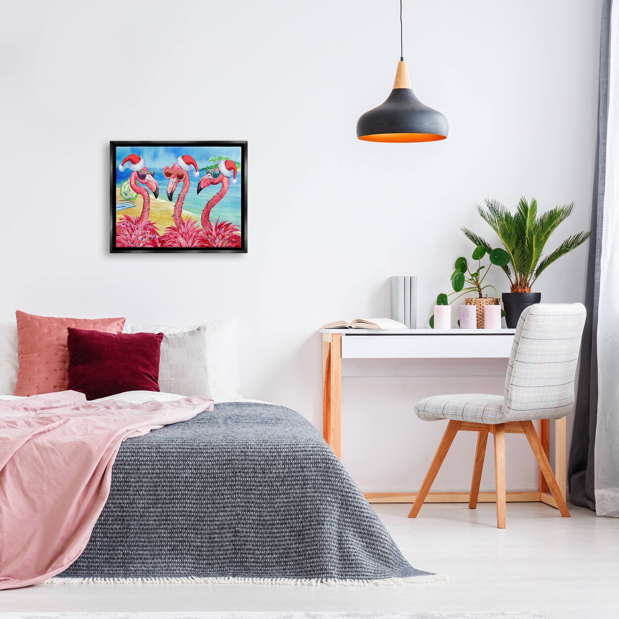 Stupell Industries Holiday Lights Flamingos Beach Framed Floater Canvas Wall Art