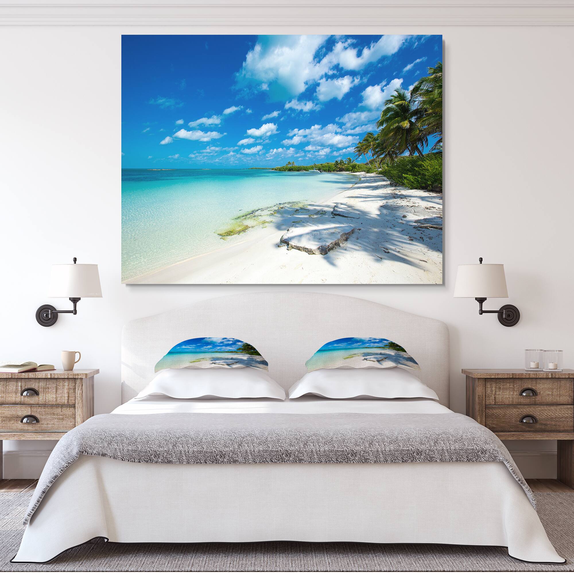 Designart - Tropical Beach with Palm Shadows - Large Seashore Canvas Print
