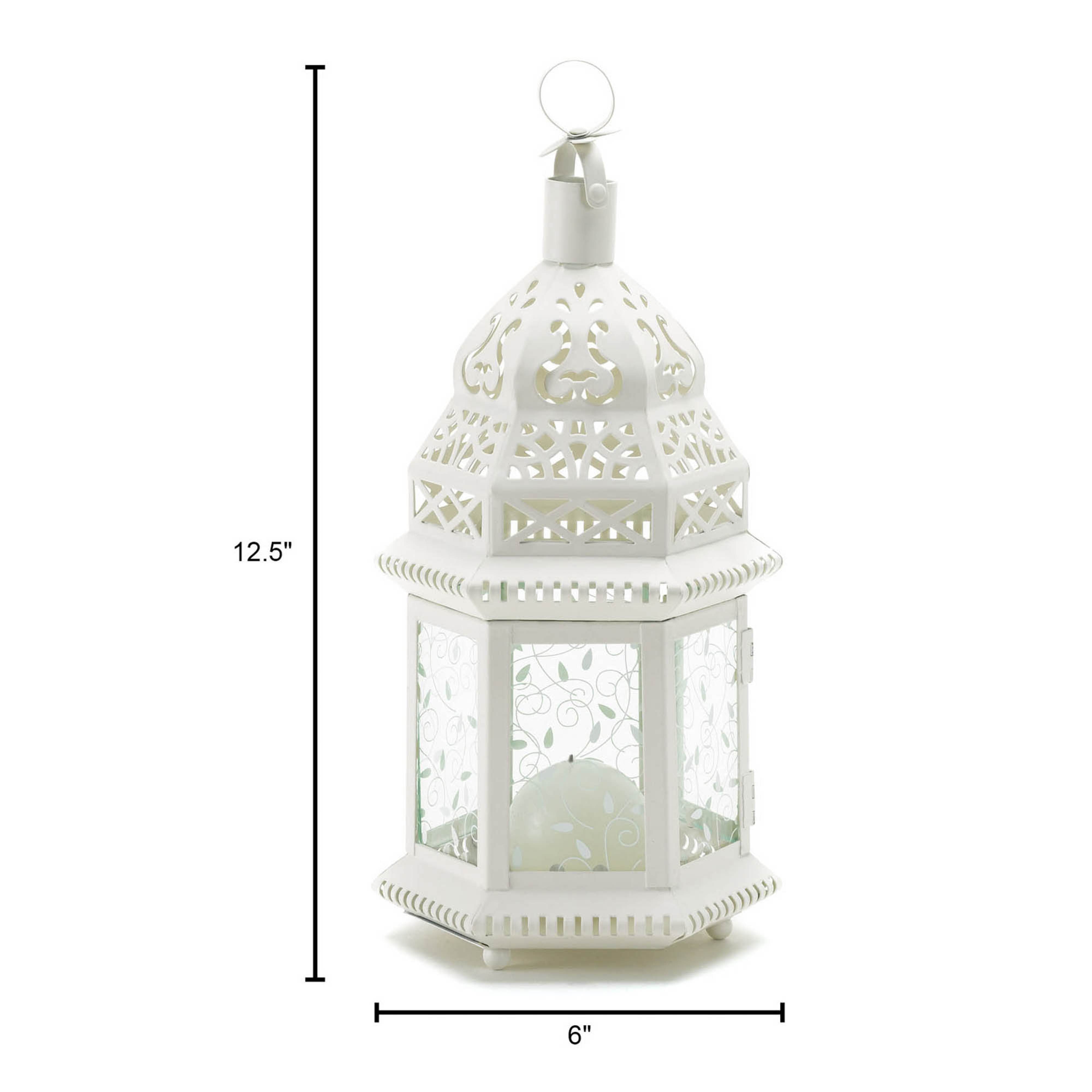 12" White Moroccan Style Hanging Candle Lantern with Etched Floral Glass
