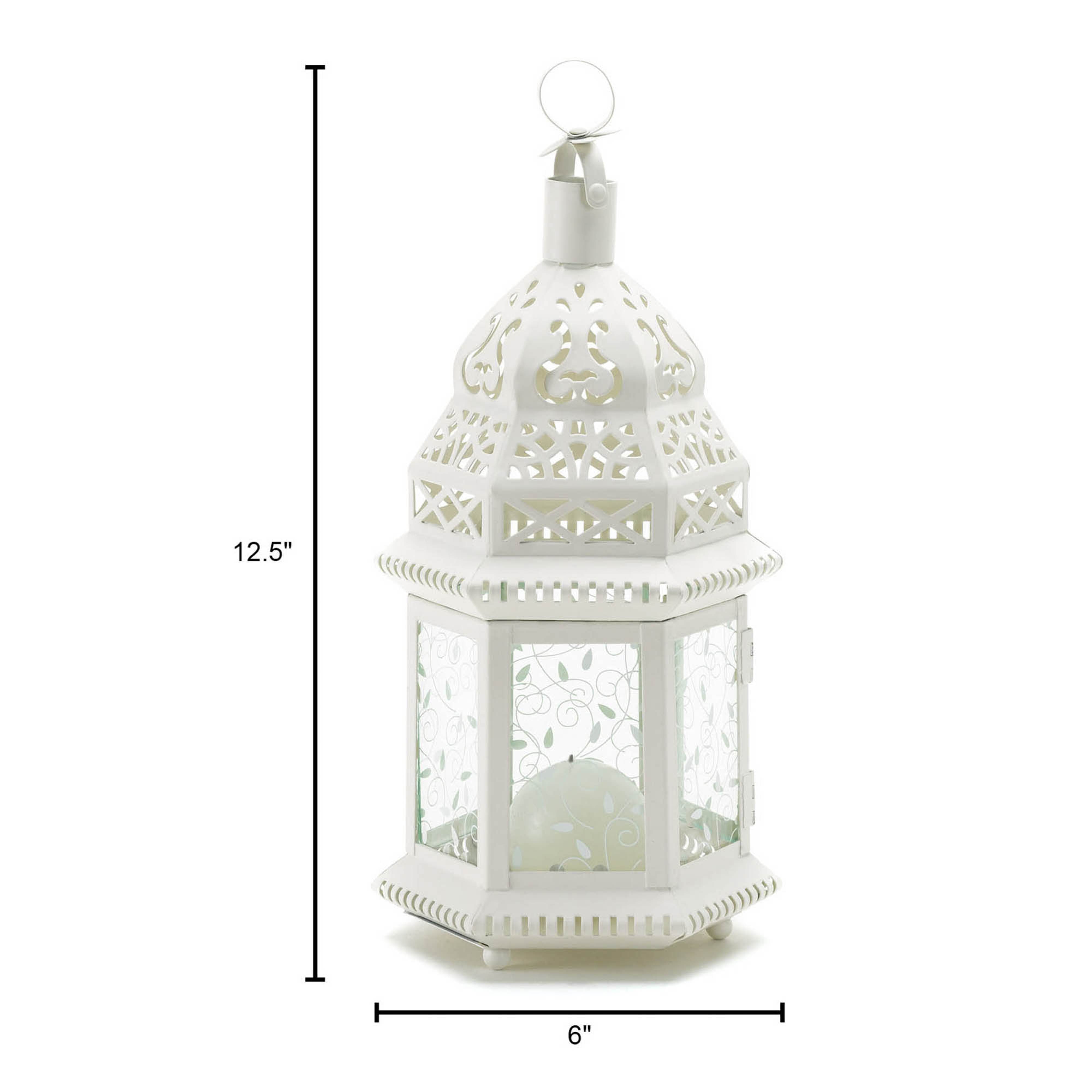 12&#x22; White Moroccan Style Hanging Candle Lantern with Etched Floral Glass