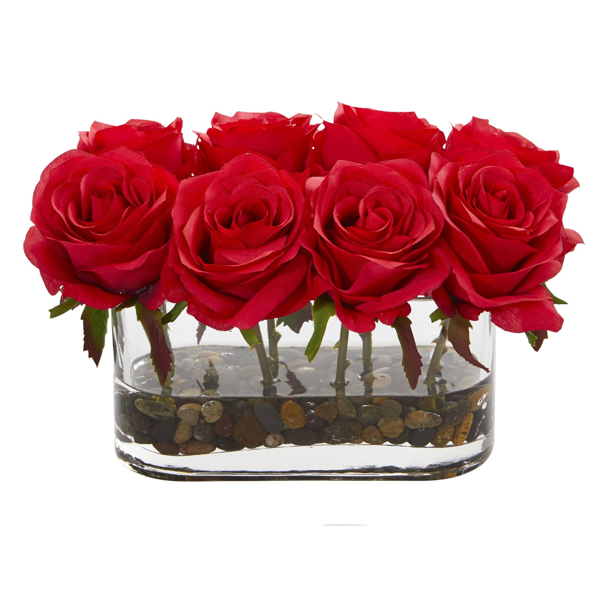 5.5" Red Blooming Roses Arrangement in Glass Vase