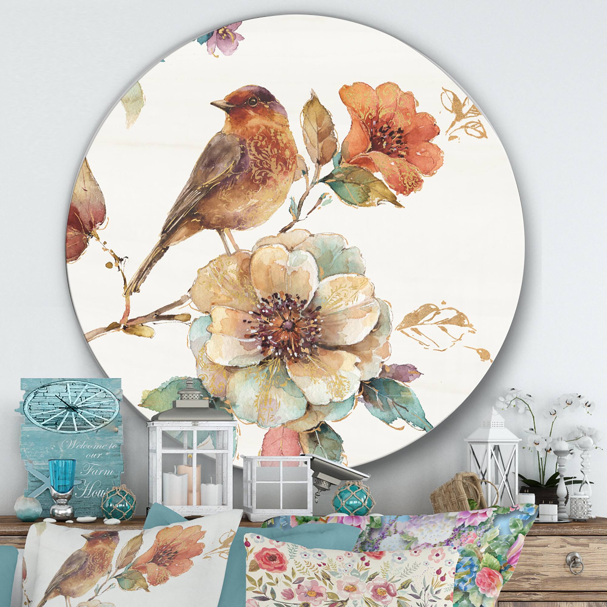 Designart - Farmhouse Bird on Flower Branch - Farmhouse Metal Circle Wall Art